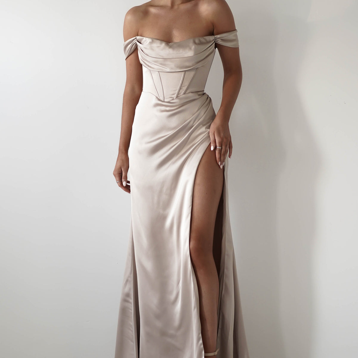 sachin and babi light blue dress Dionne Soft Coset Maxi Gown | Champagne | Debs & Prom
