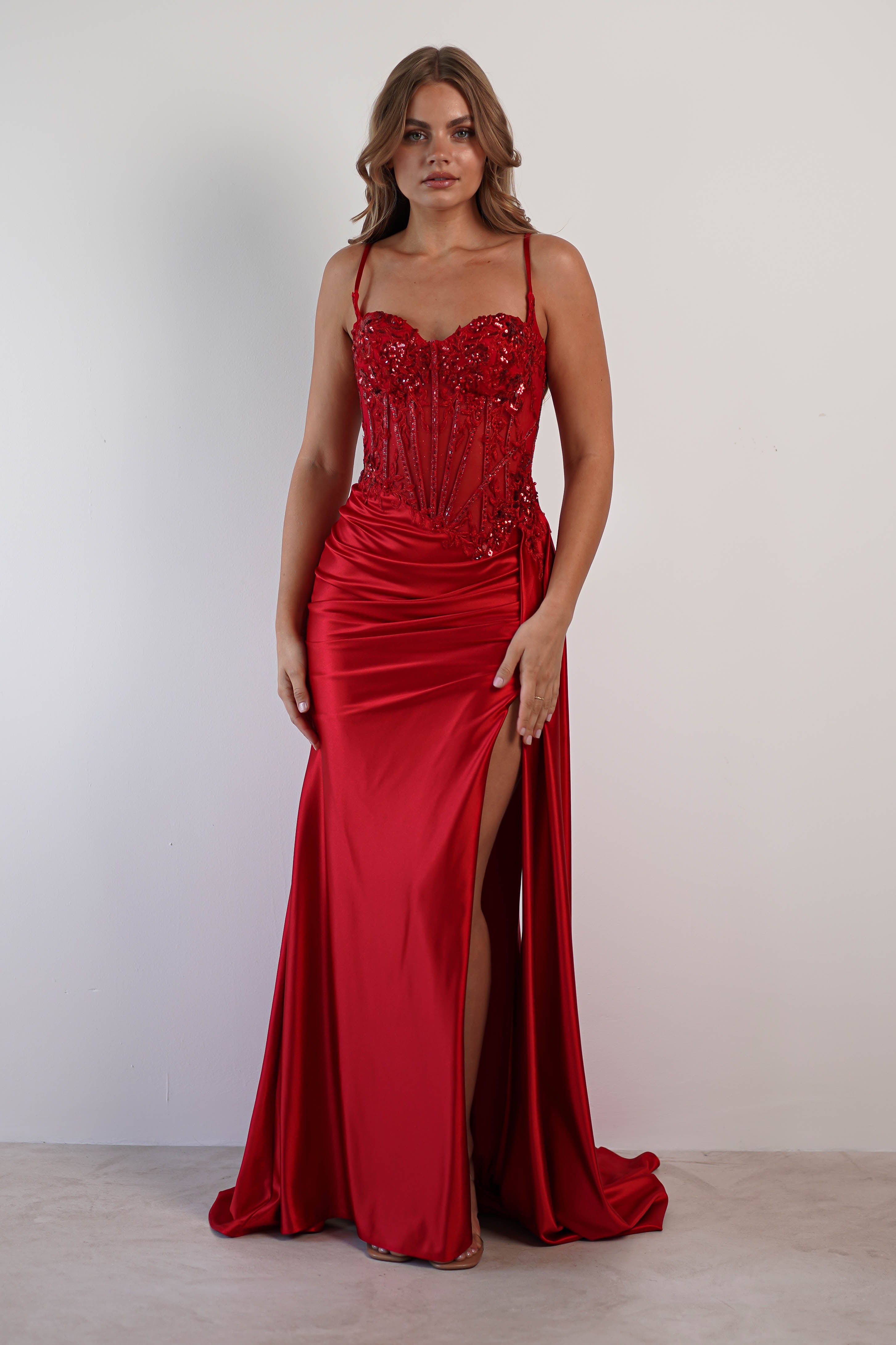 Diva Embellished Corset Gown | Red - Oh Hello Clothing