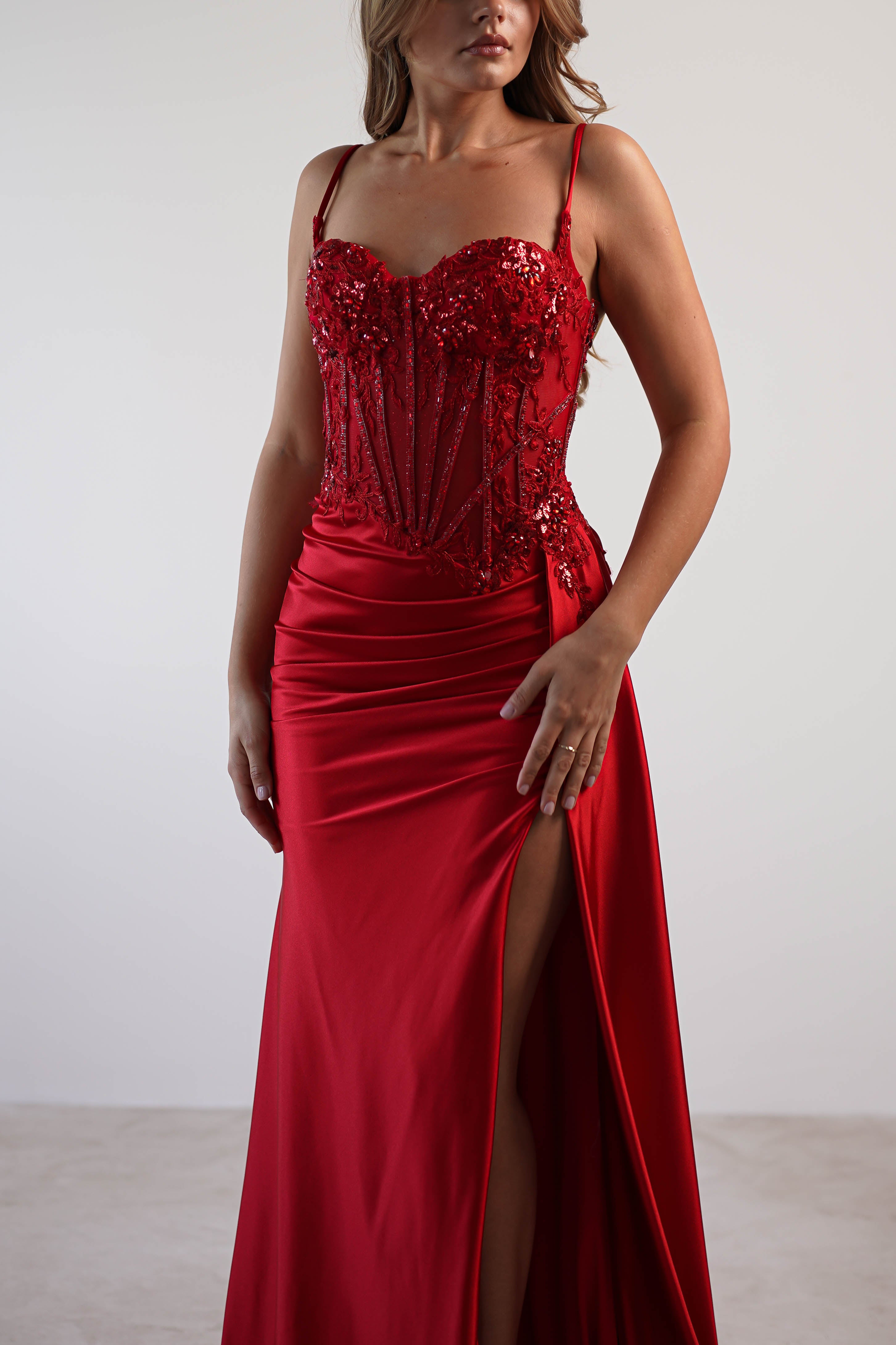 Diva Embellished Corset Gown | Red - Oh Hello Clothing