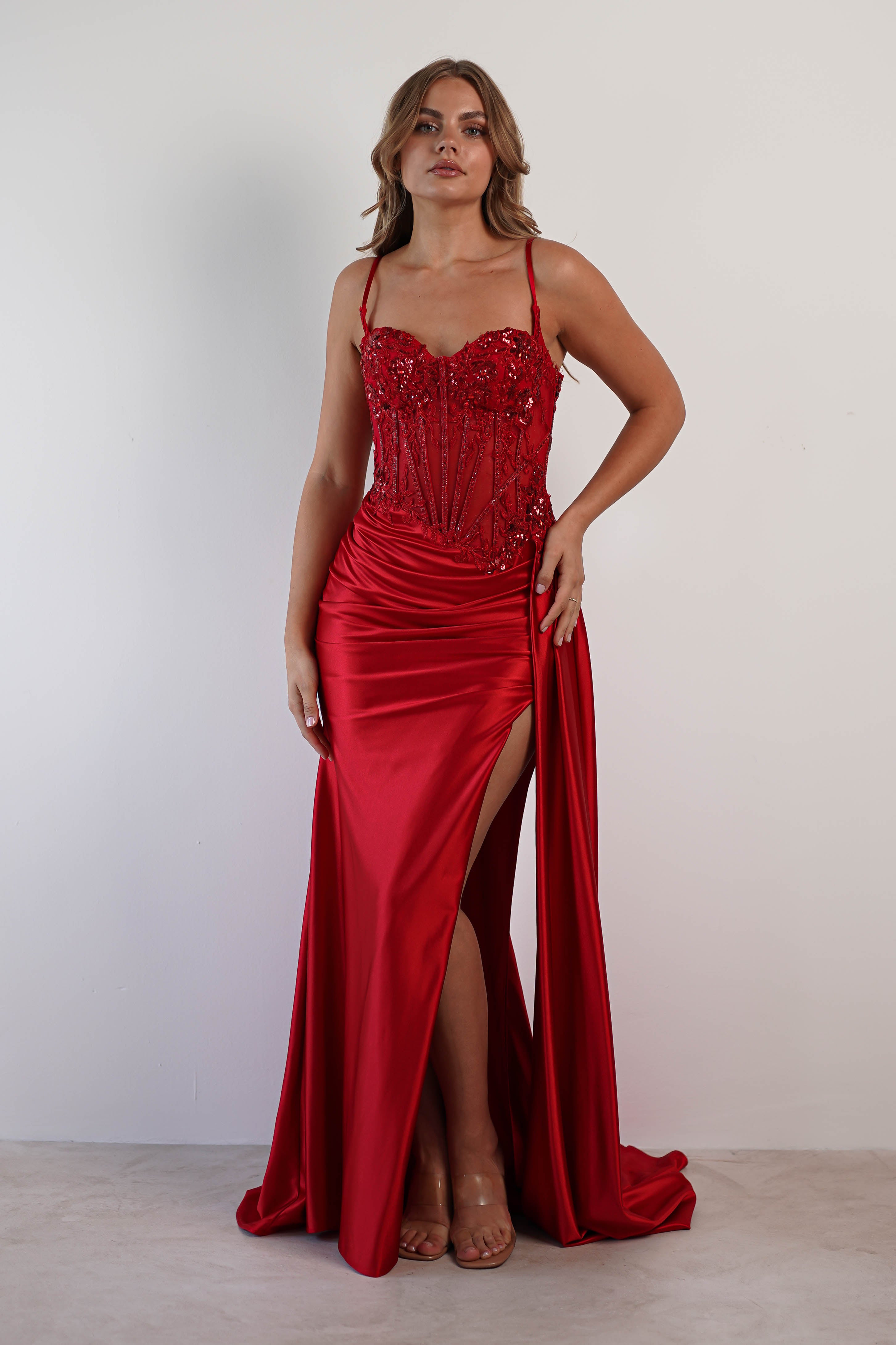 Diva Embellished Corset Gown | Red - Oh Hello Clothing