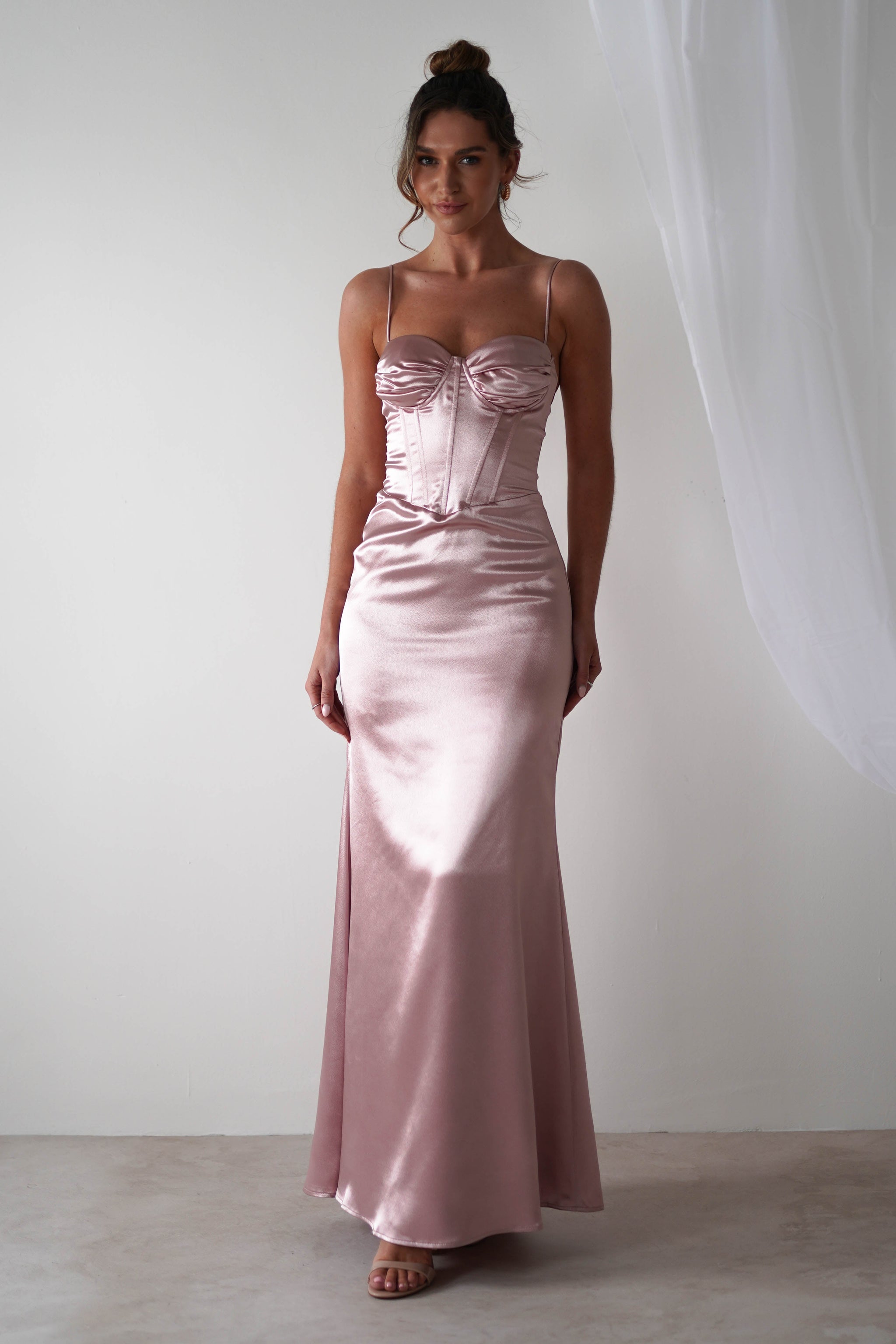 Satin Corset Bodice Gown with High Slit Dusty Rose main image 1