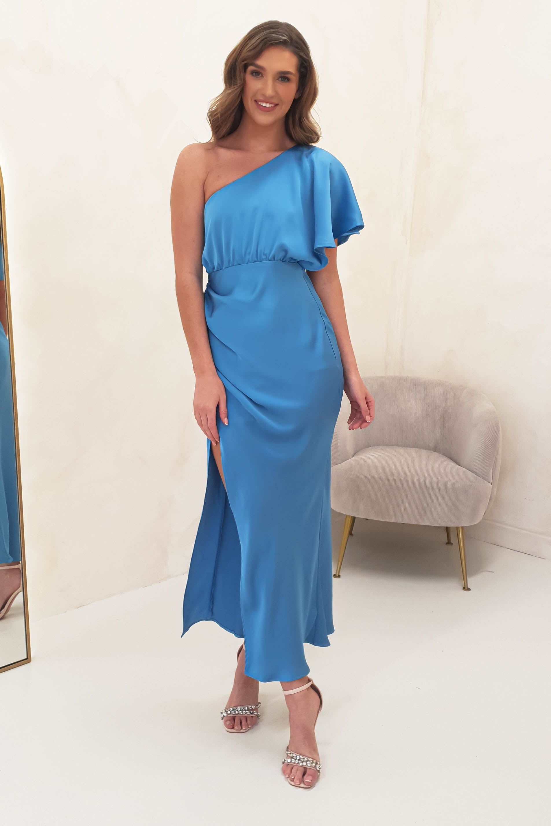 Jenna Soft Satin One Shoulder Maxi | Blue | Oh Hello Clothing | XS (6)