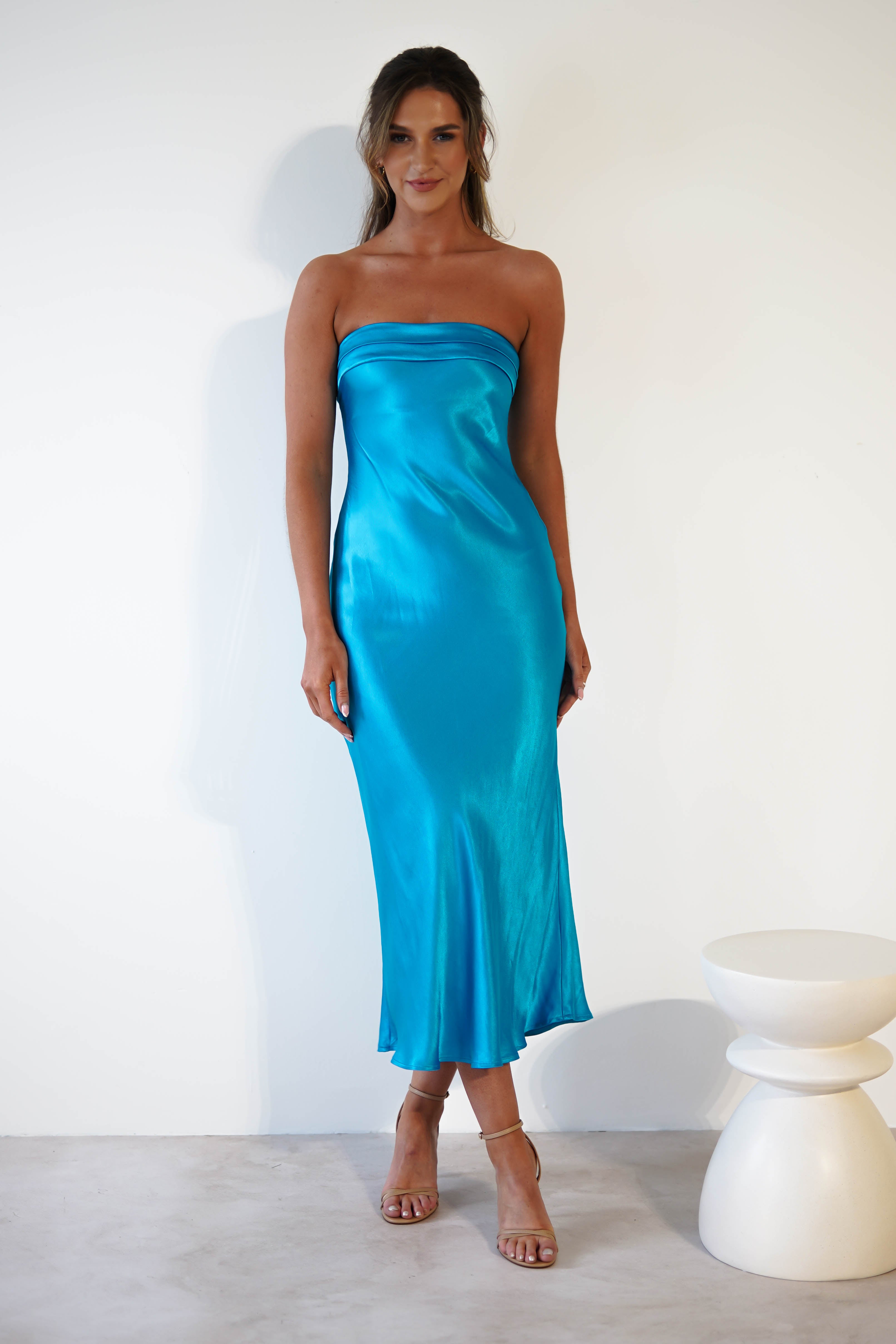 Lucia Soft Satin Slip Midi Dress | Turquoise - Oh Hello Clothing