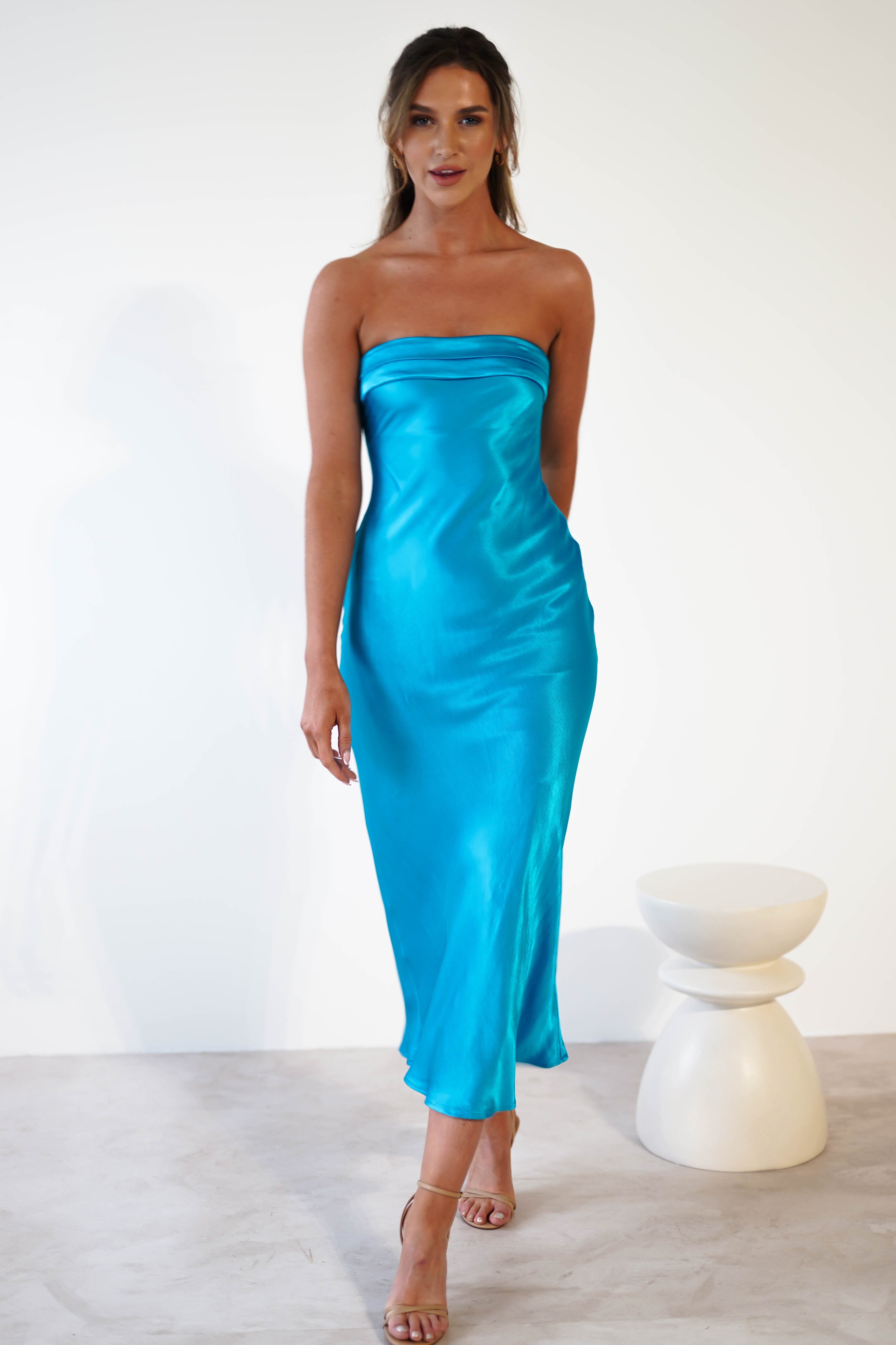 Lucia Soft Satin Slip Midi Dress | Turquoise - Oh Hello Clothing