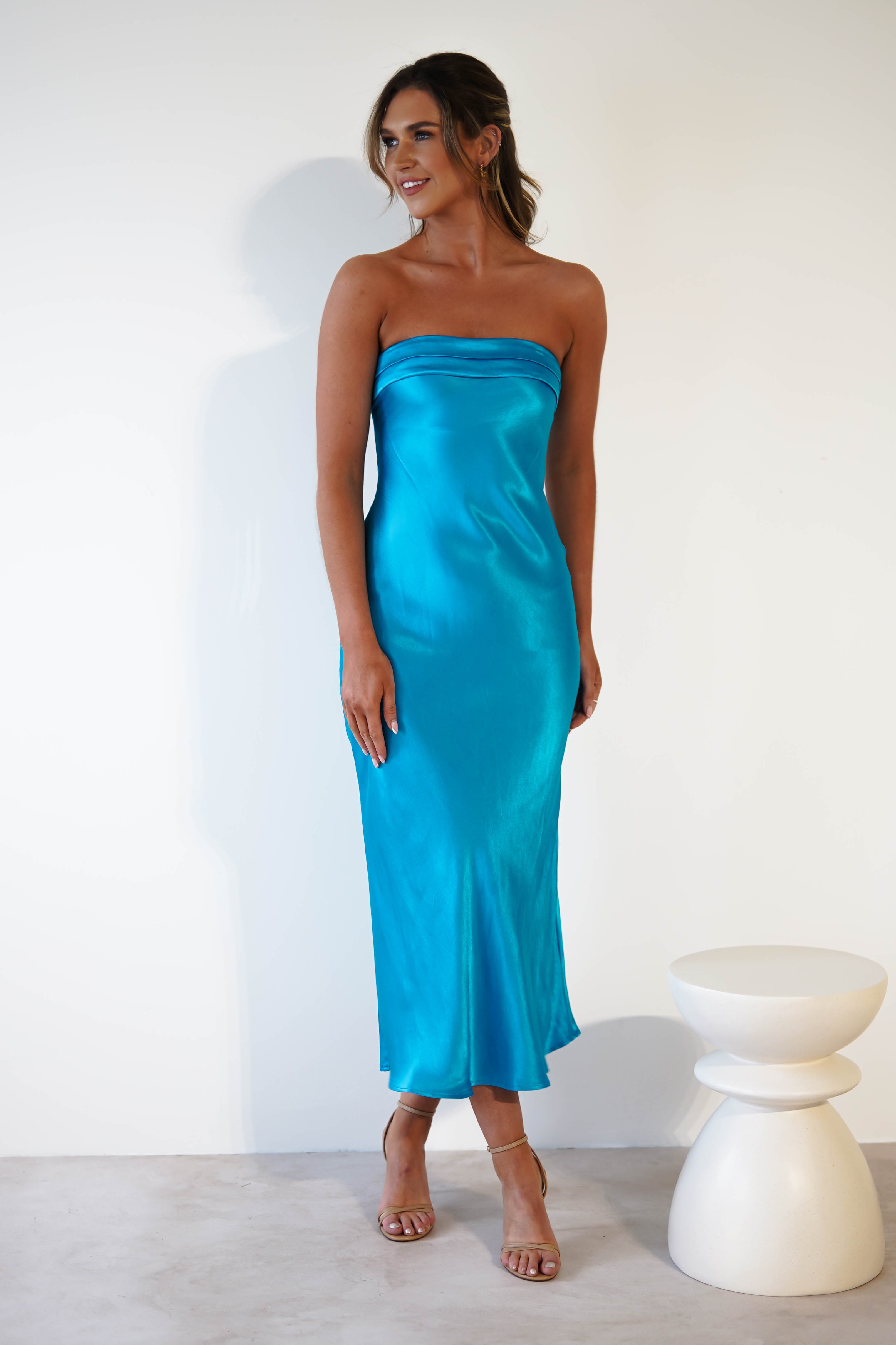 Lucia Soft Satin Slip Midi Dress | Turquoise - Oh Hello Clothing