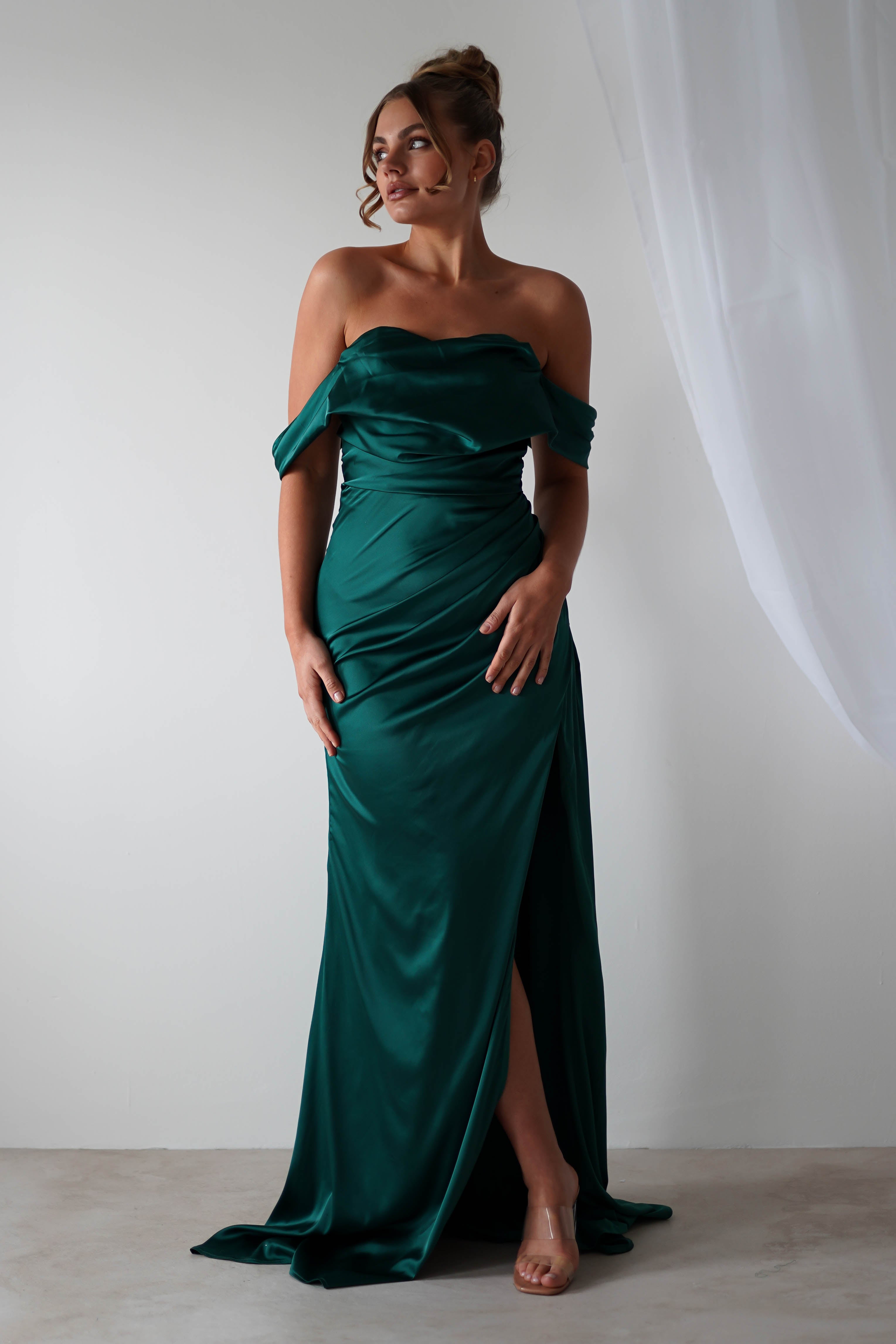 Beth Draped Silky Satin Gown | Green