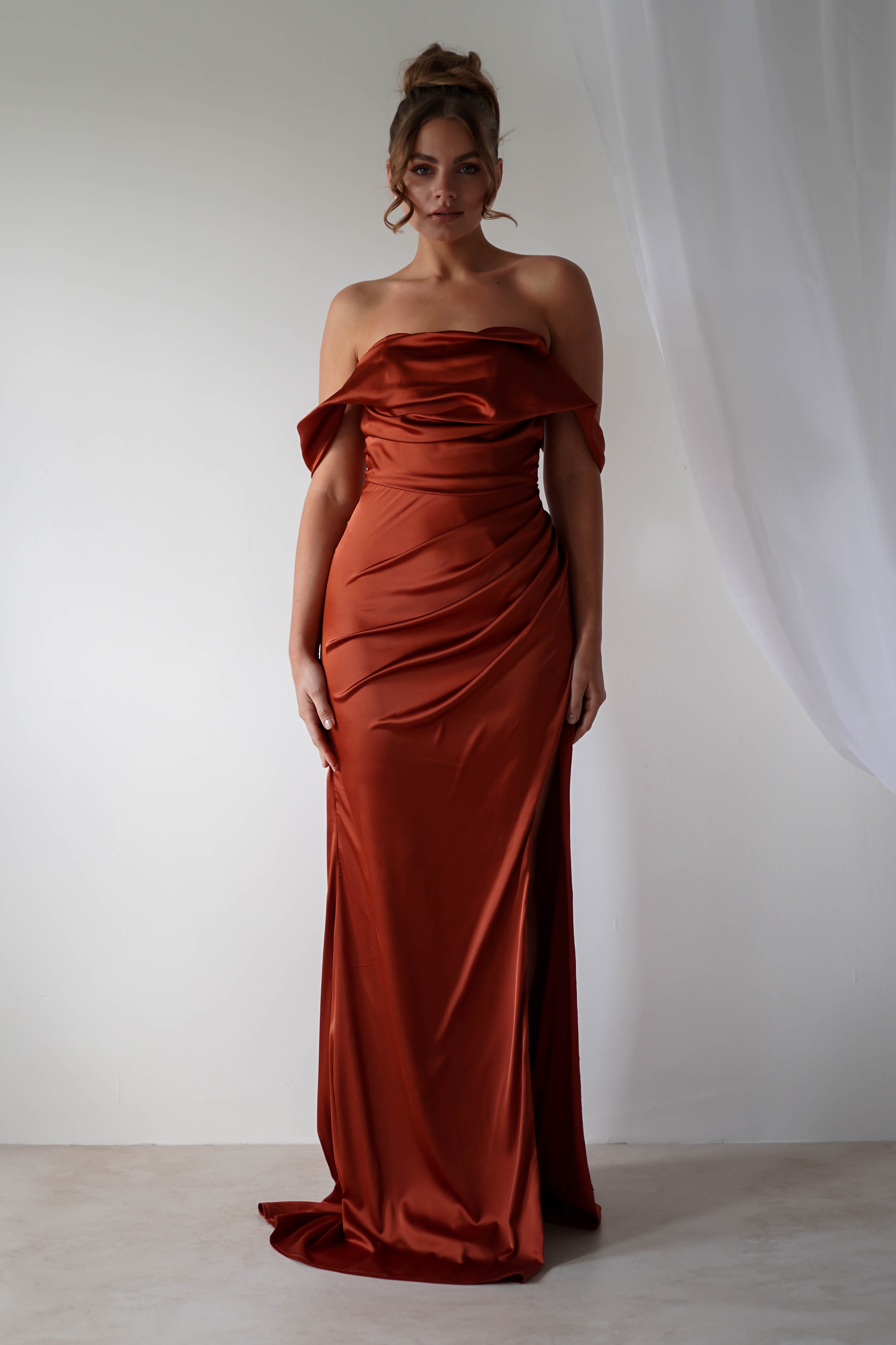 Beth Draped Silky Satin Gown | Rust