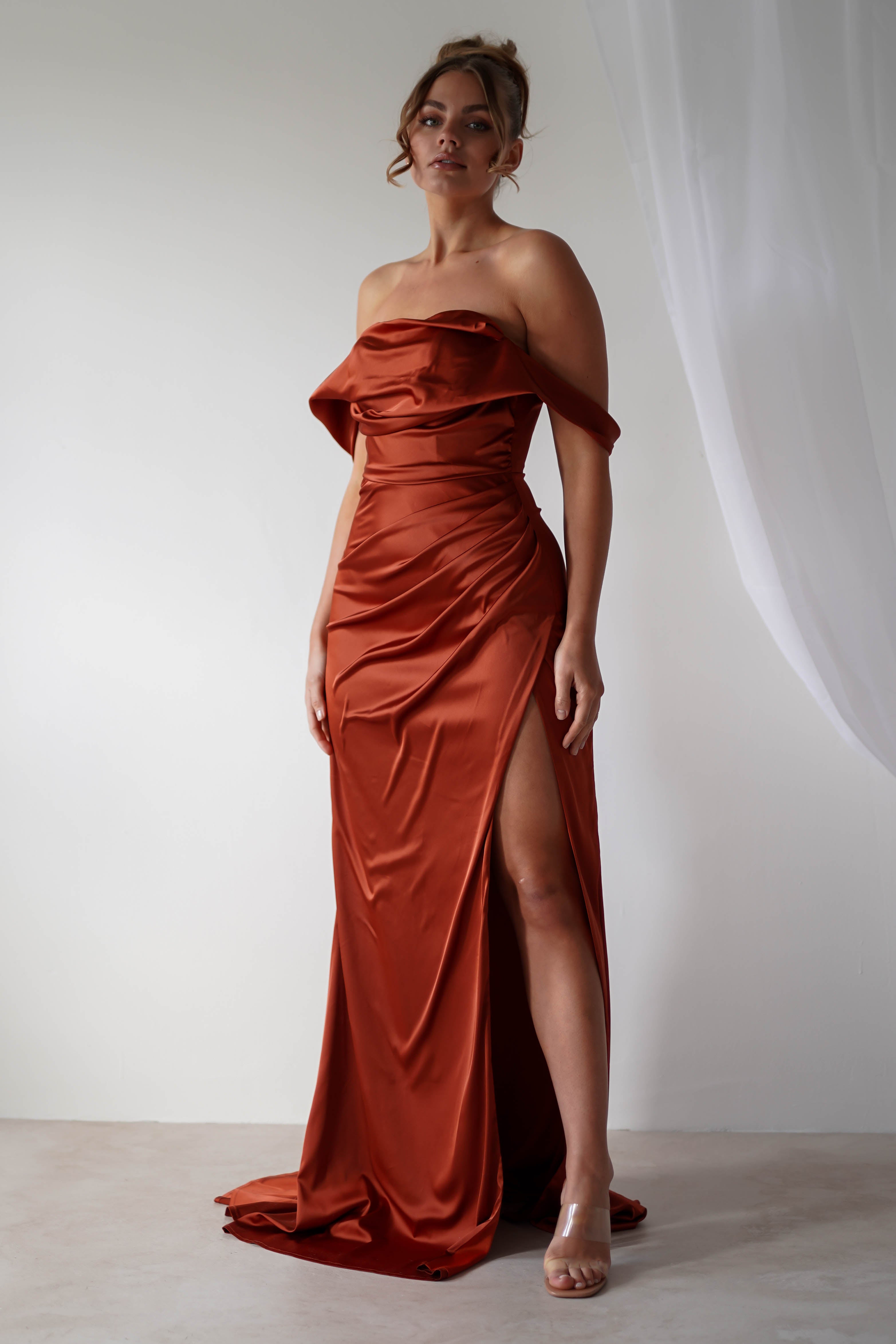 Beth Draped Silky Satin Gown | Rust
