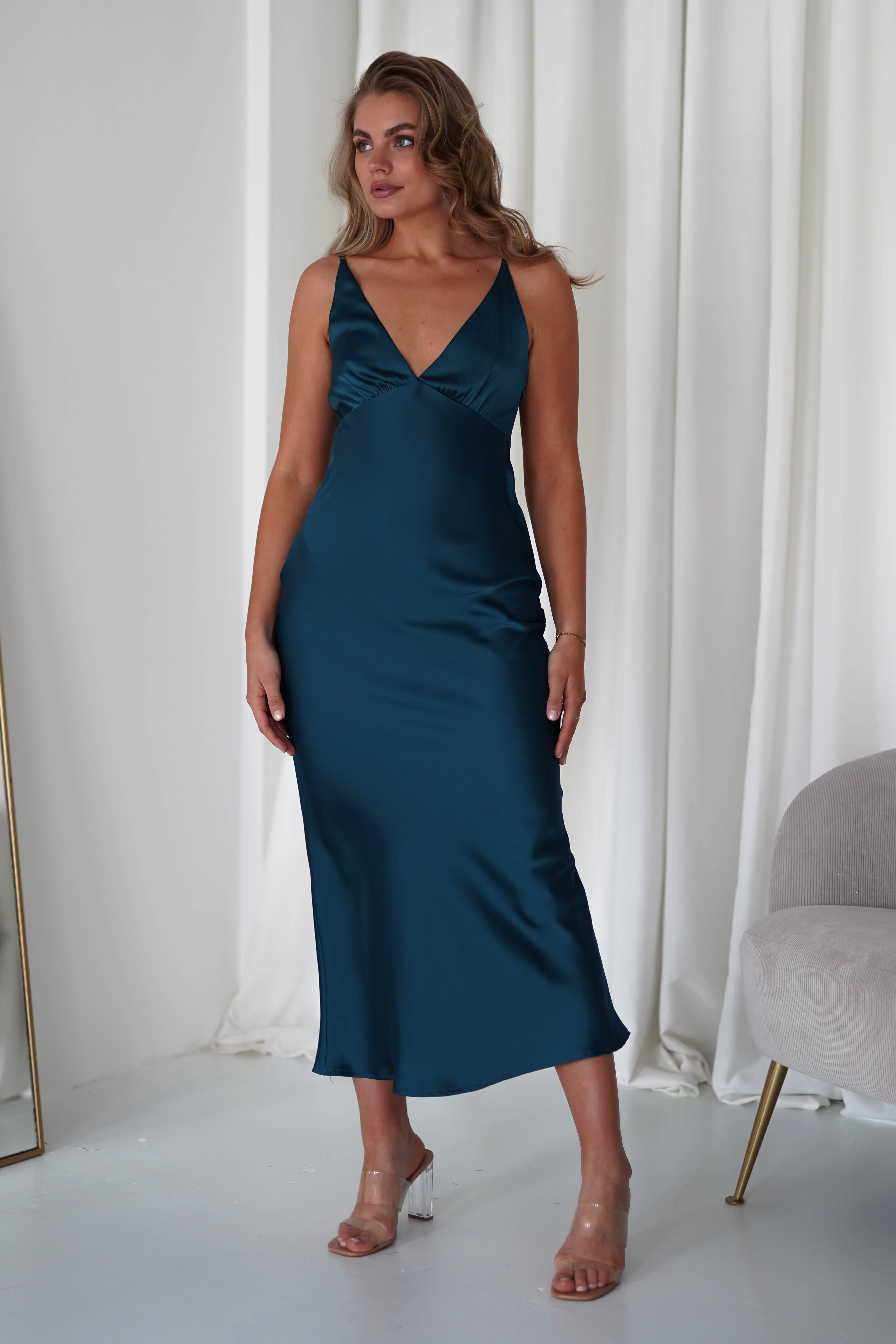 Aimie Soft Satin Maxi Dress | Teal - Oh Hello Clothing