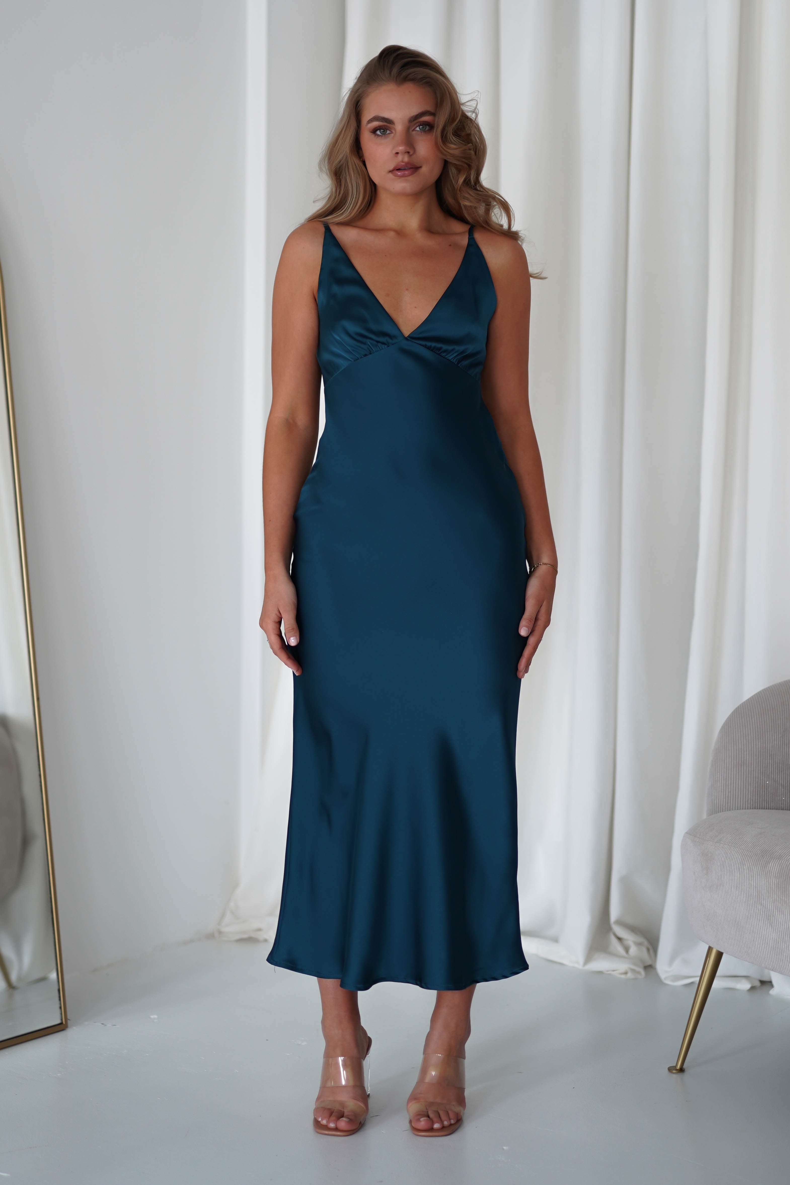 Aimie Soft Satin Maxi Dress | Teal - Oh Hello Clothing