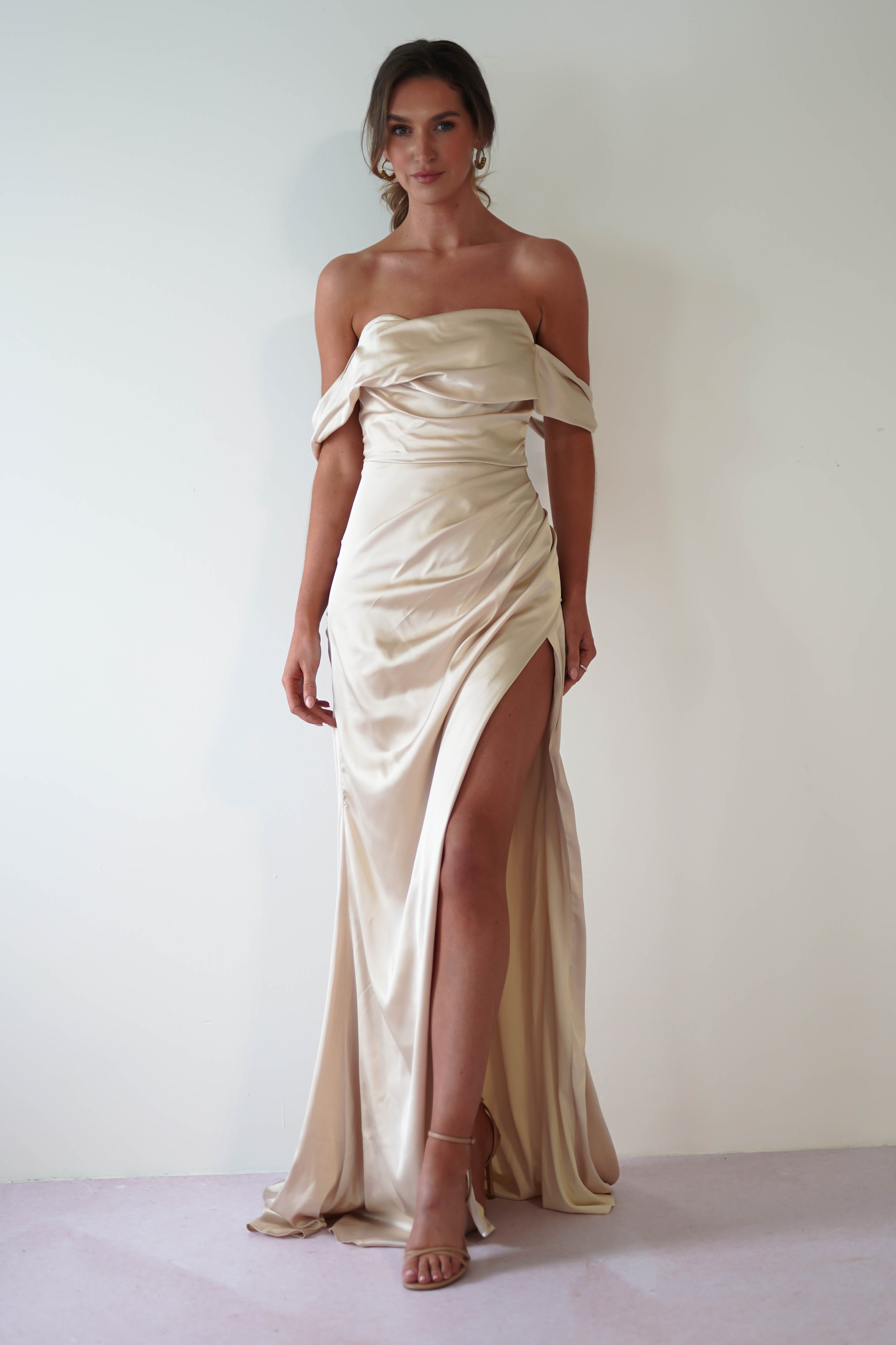 Beth Draped Silky Satin Gown | Champagne - Oh Hello Clothing