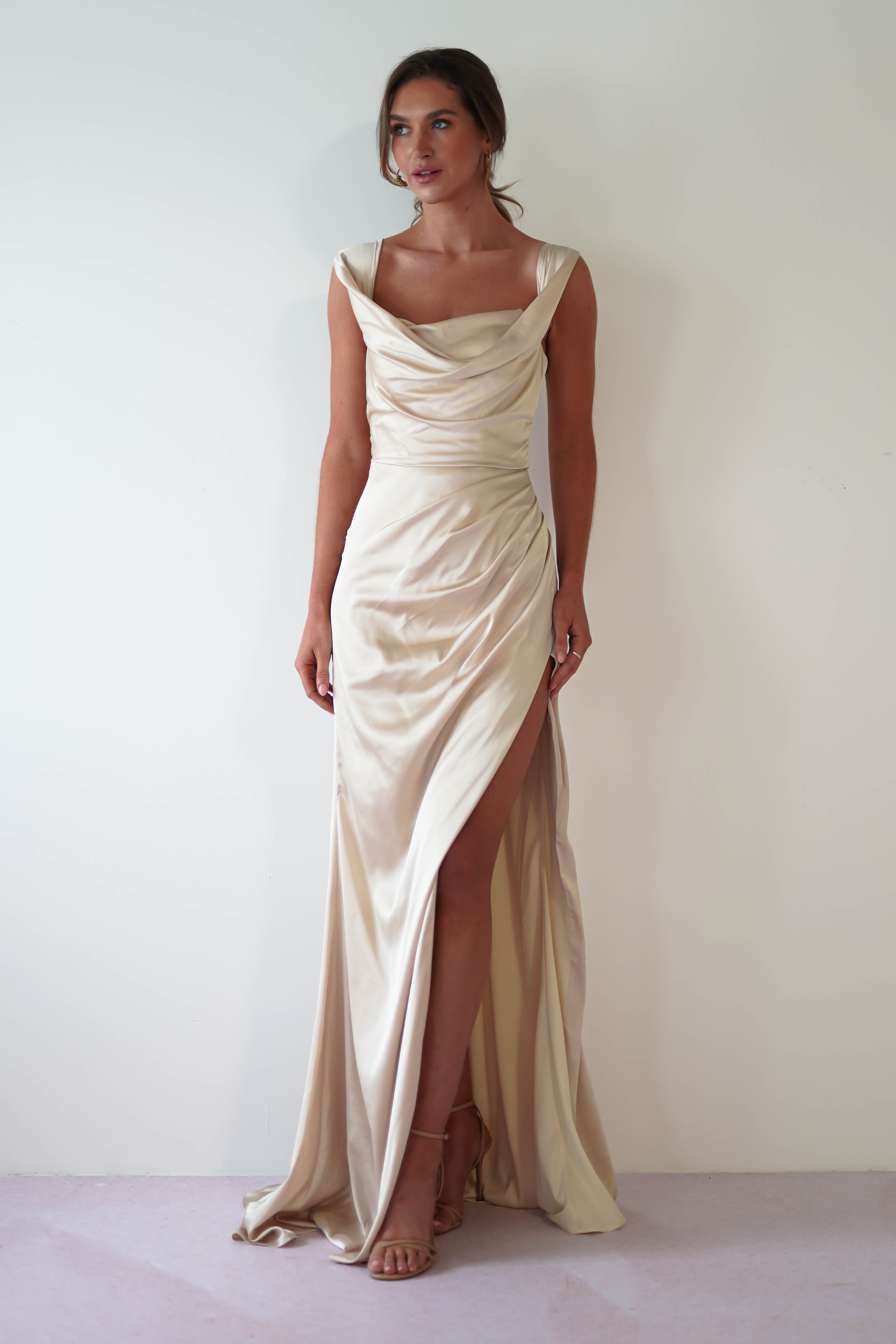 Beth Draped Silky Satin Gown | Champagne - Oh Hello Clothing