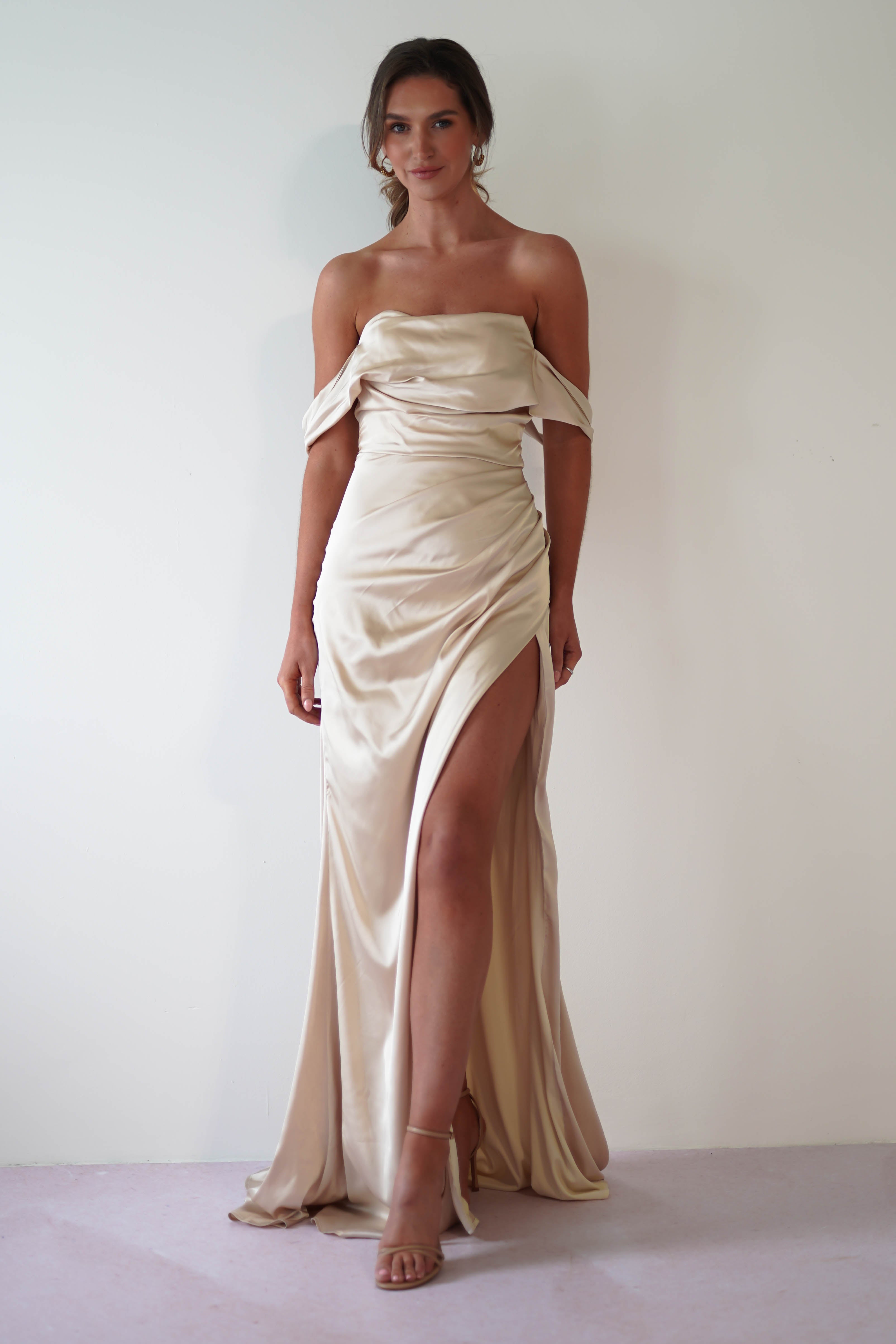 Beth Draped Silky Satin Gown | Champagne - Oh Hello Clothing