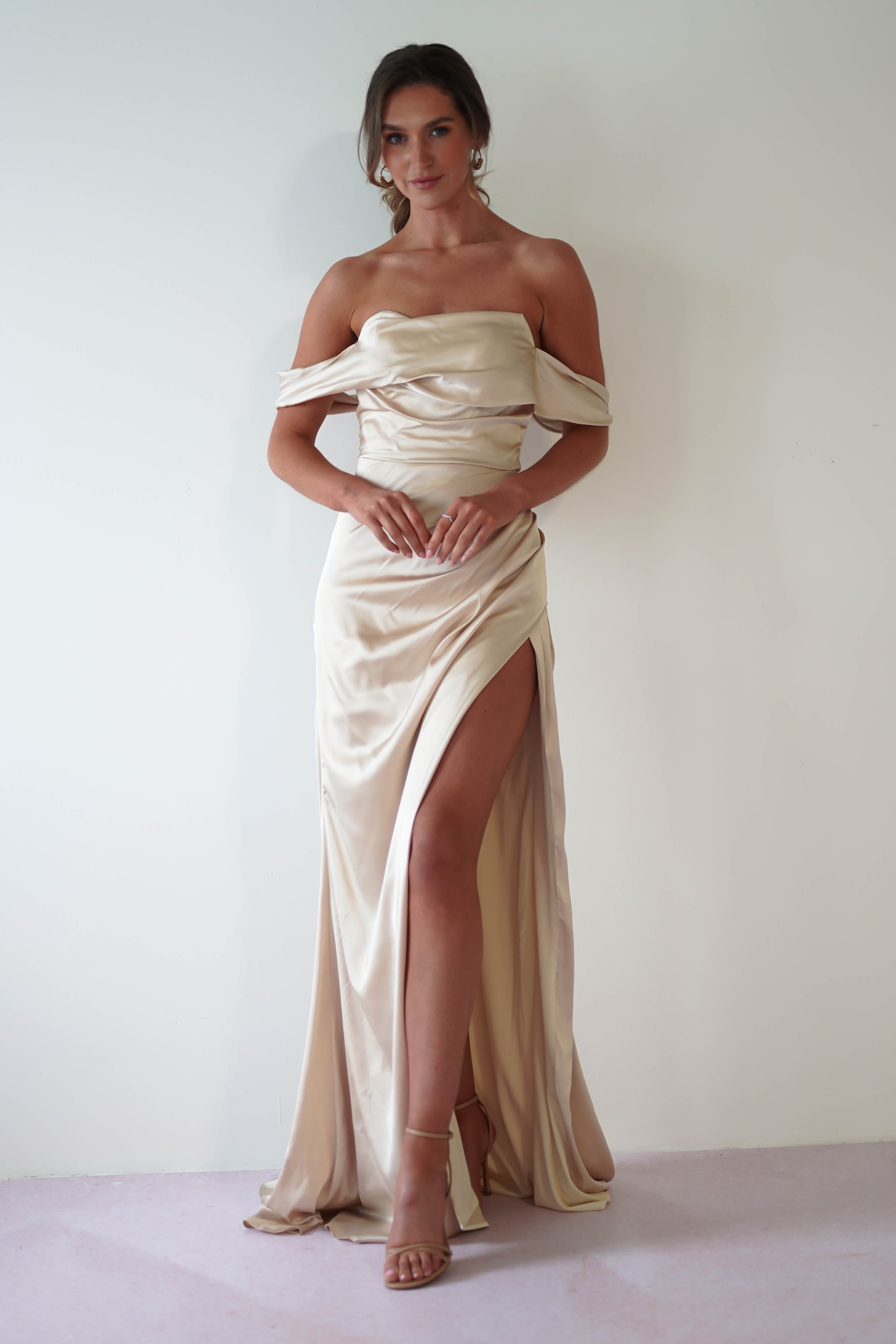 Beth Draped Silky Satin Gown | Champagne - Oh Hello Clothing