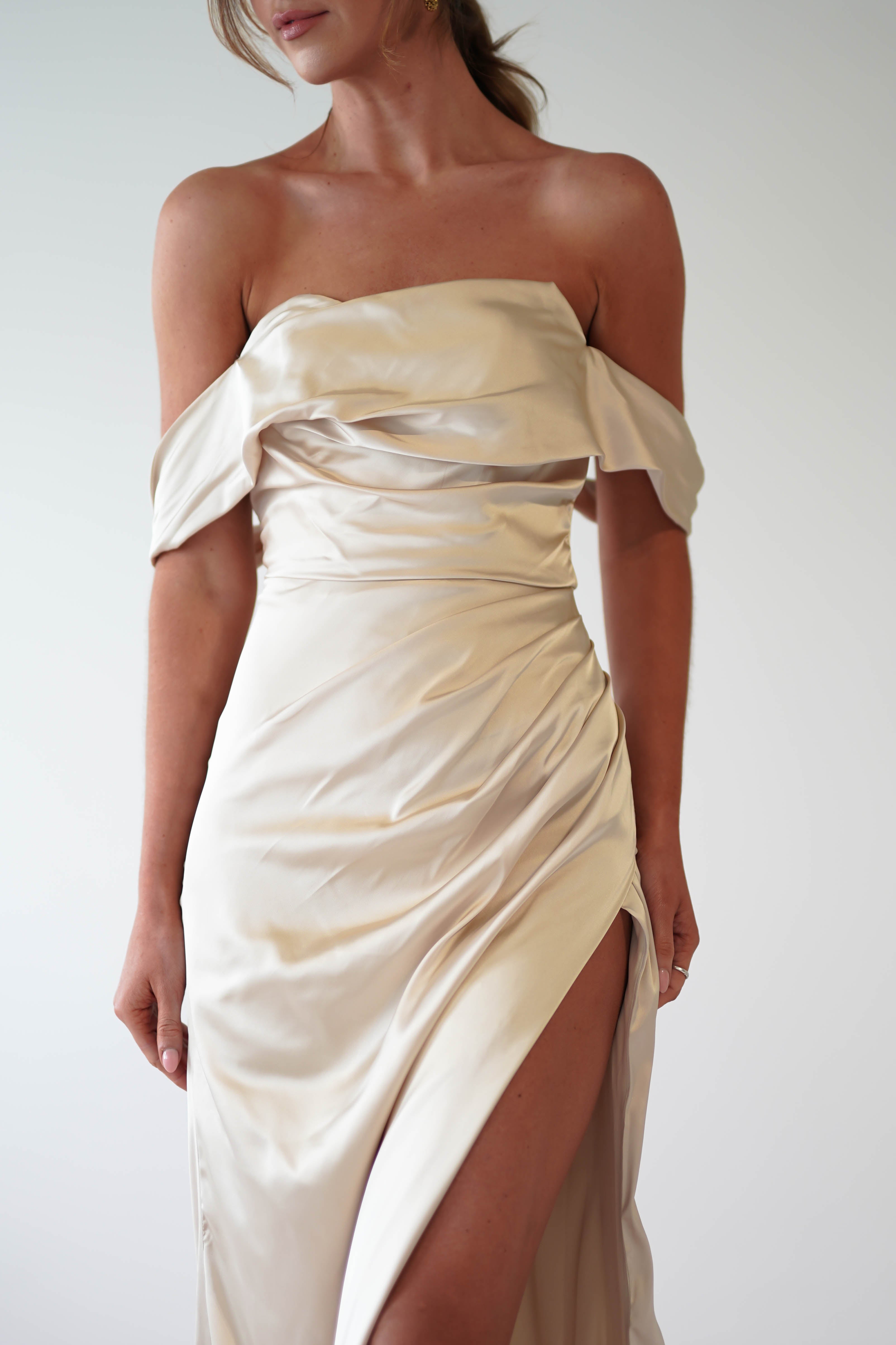 Beth Draped Silky Satin Gown | Champagne - Oh Hello Clothing