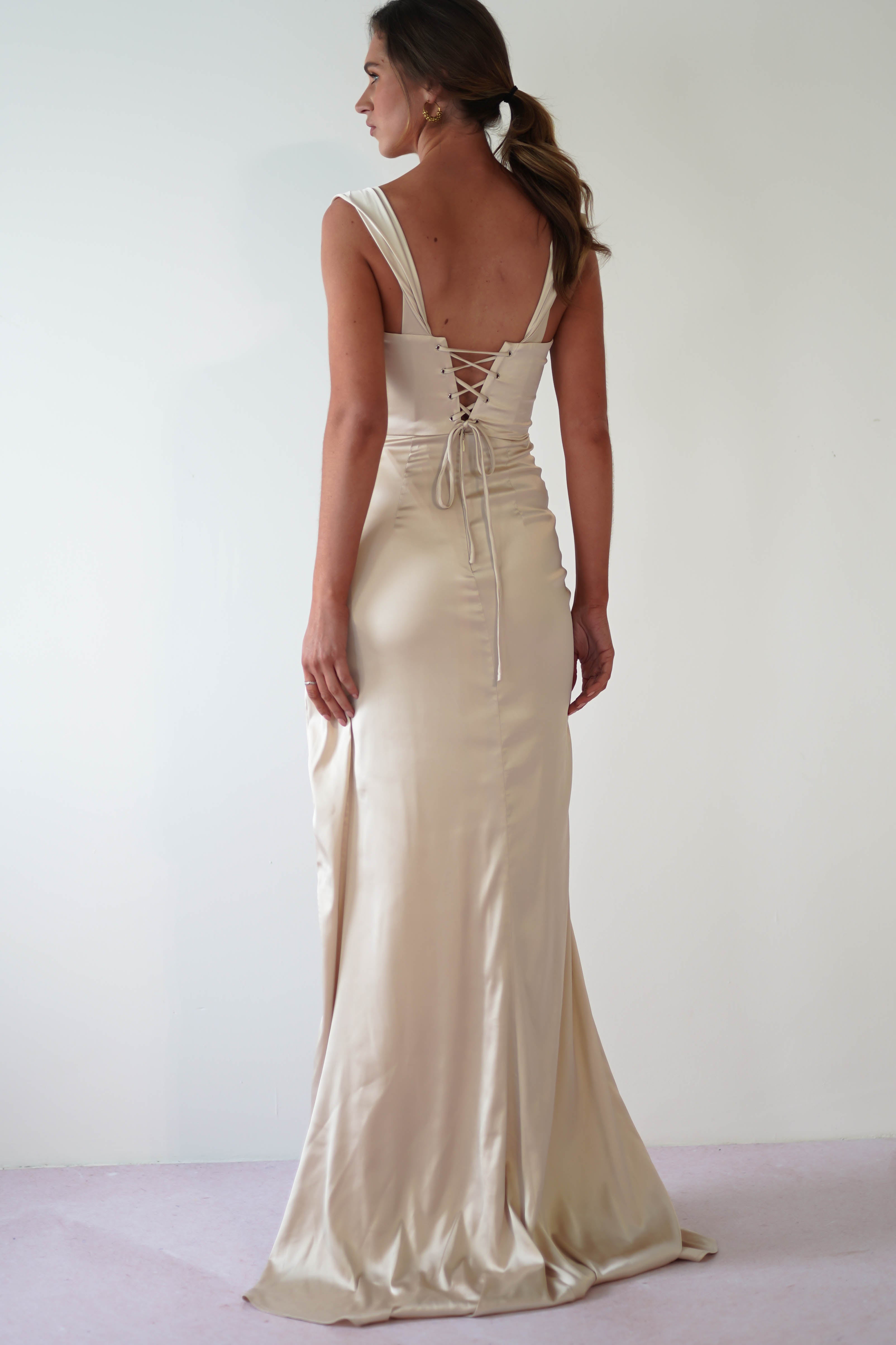 Beth Draped Silky Satin Gown | Champagne - Oh Hello Clothing