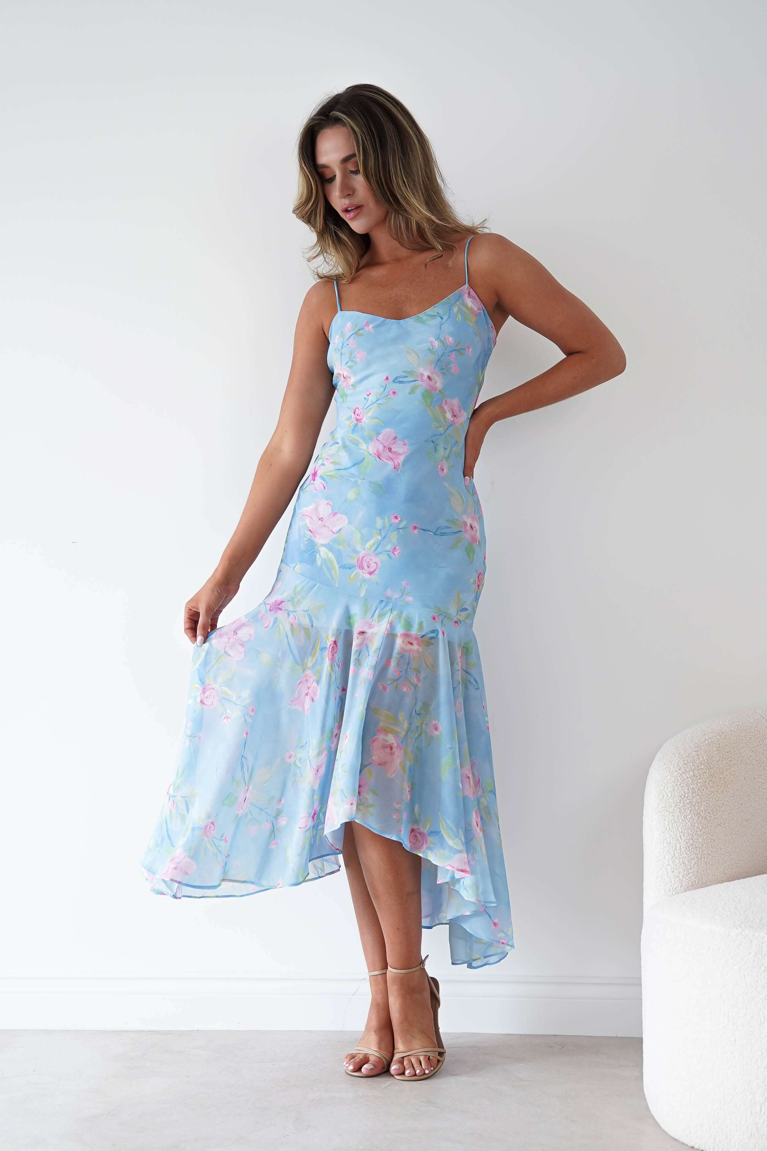Oh Hello Clothing Women > Clothing > Dresses * DONE Calix Floral Asymmetric Midi Dress | Blue
