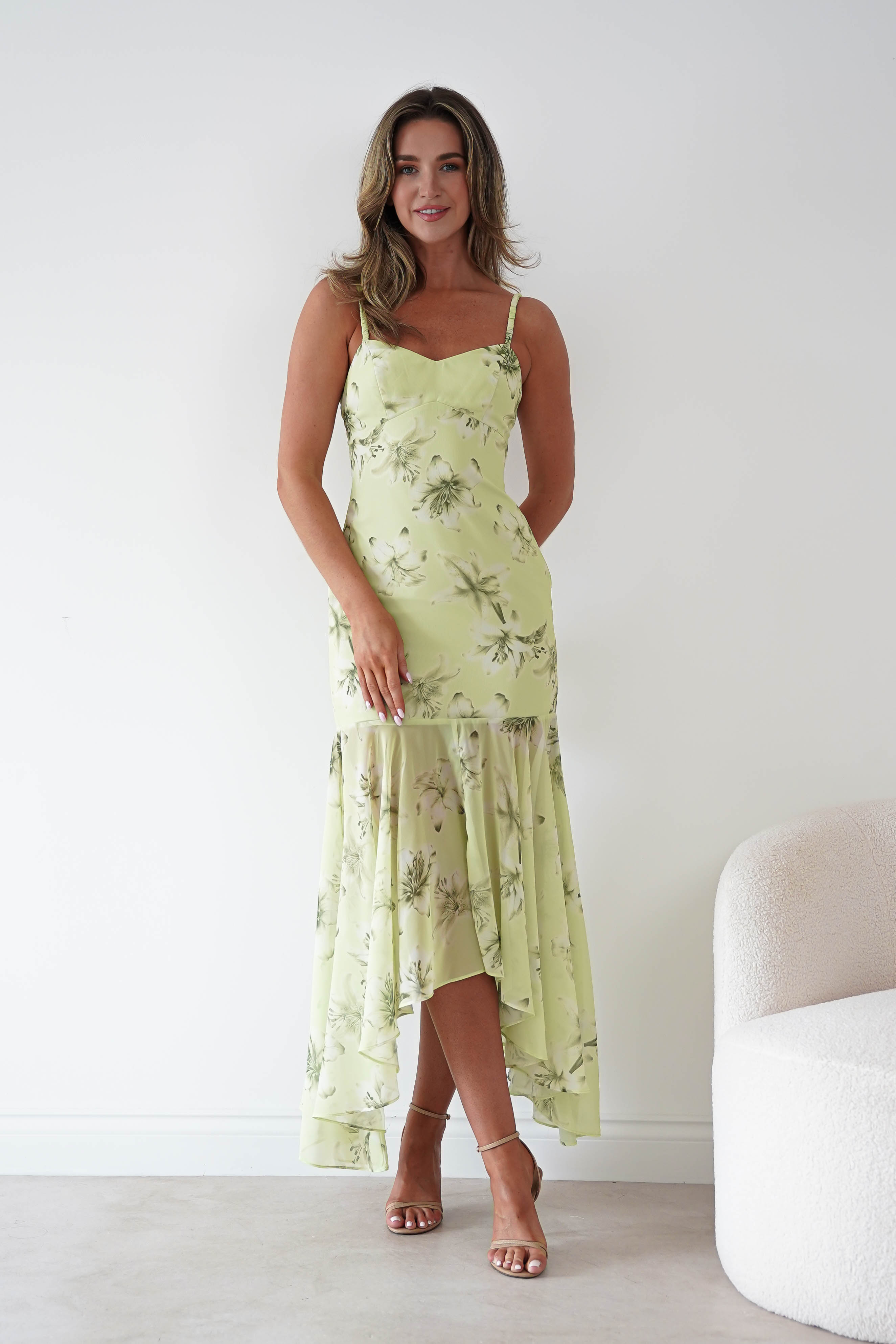 Oh Hello Clothing Women > Clothing > Dresses * DONE Calix Floral Asymmetric Midi Dress | Sage