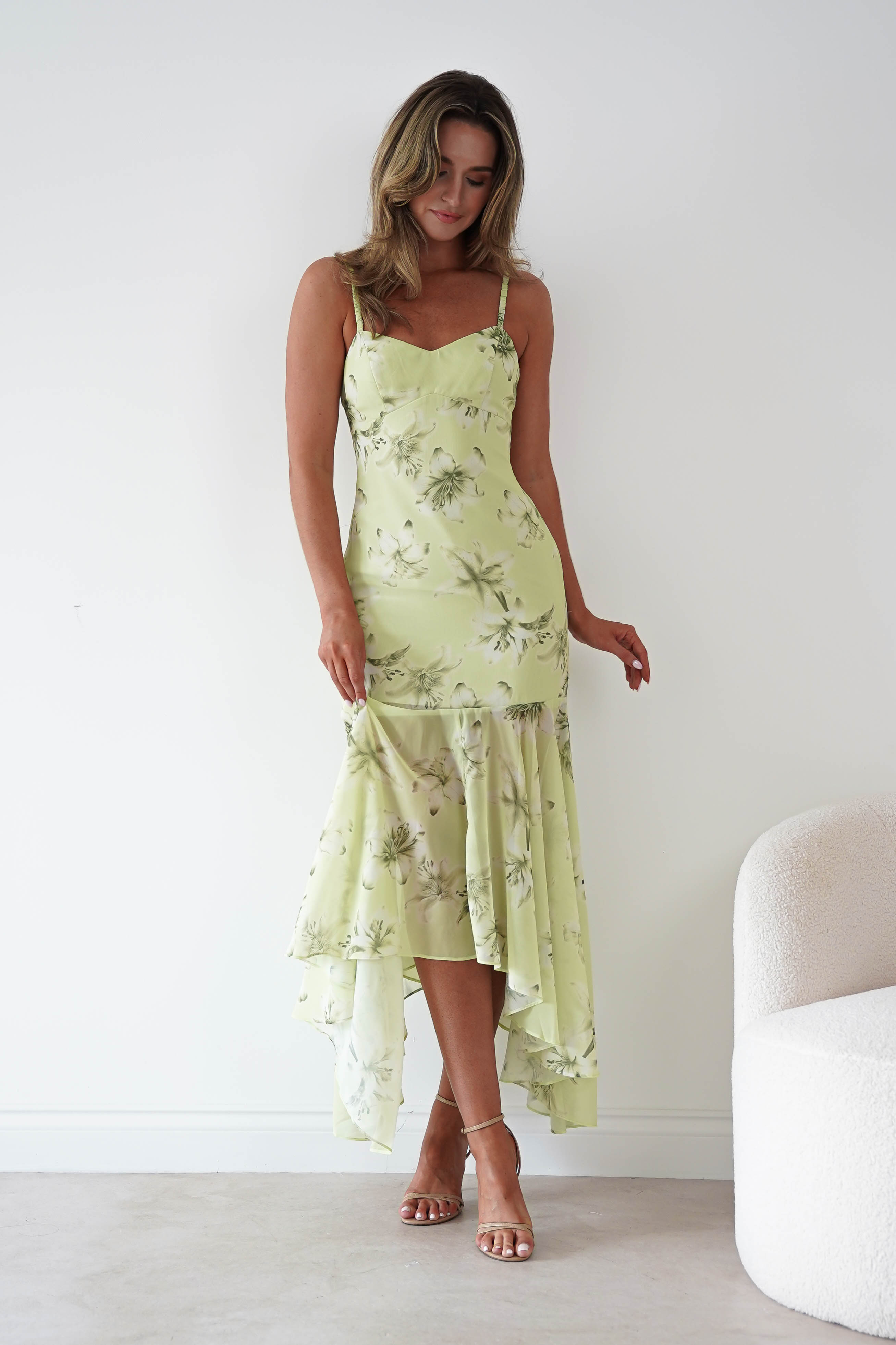 Oh Hello Clothing Women > Clothing > Dresses * DONE Calix Floral Asymmetric Midi Dress | Sage