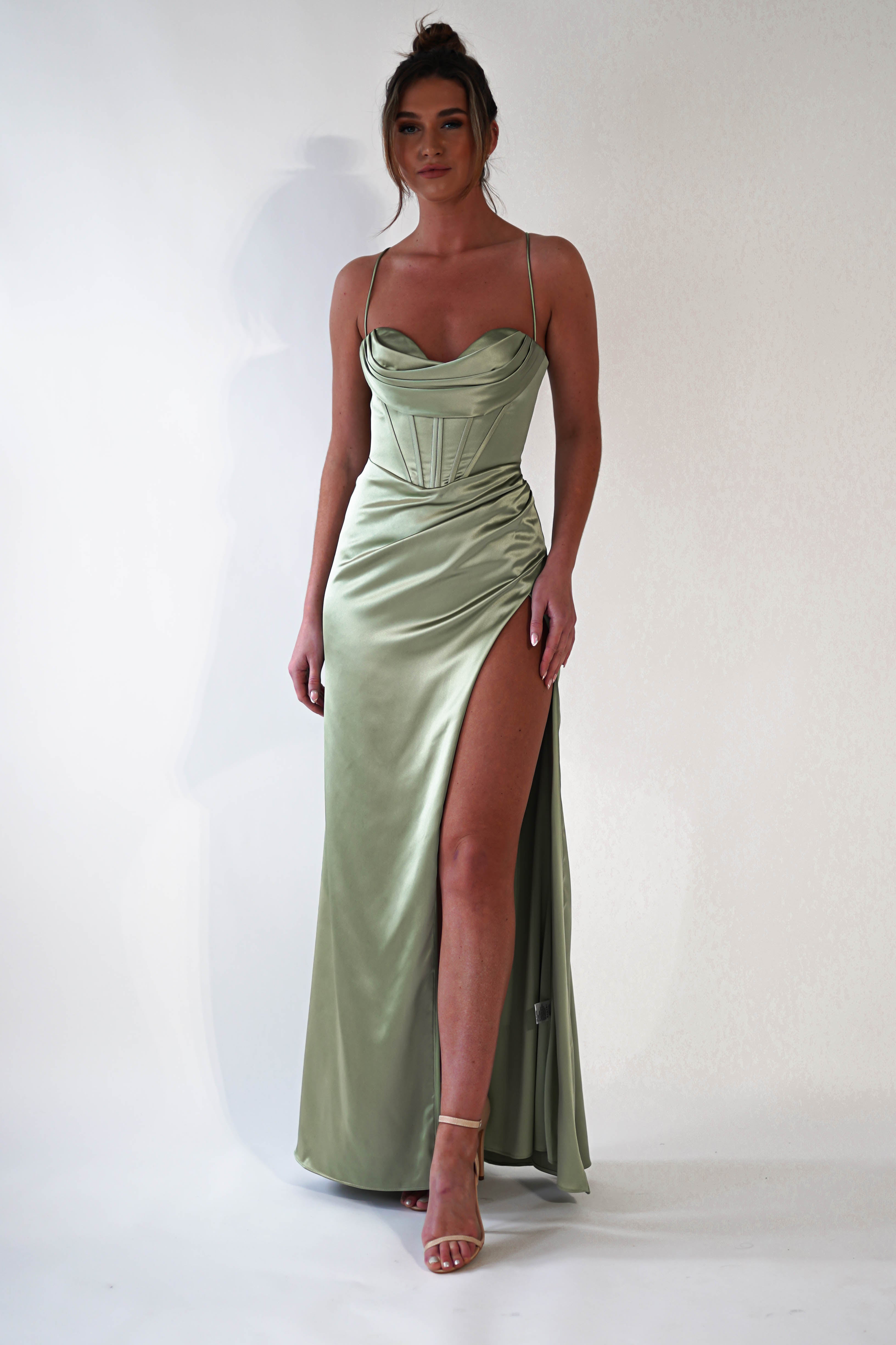Julianne Corset Satin Gown | Sage - Oh Hello Clothing