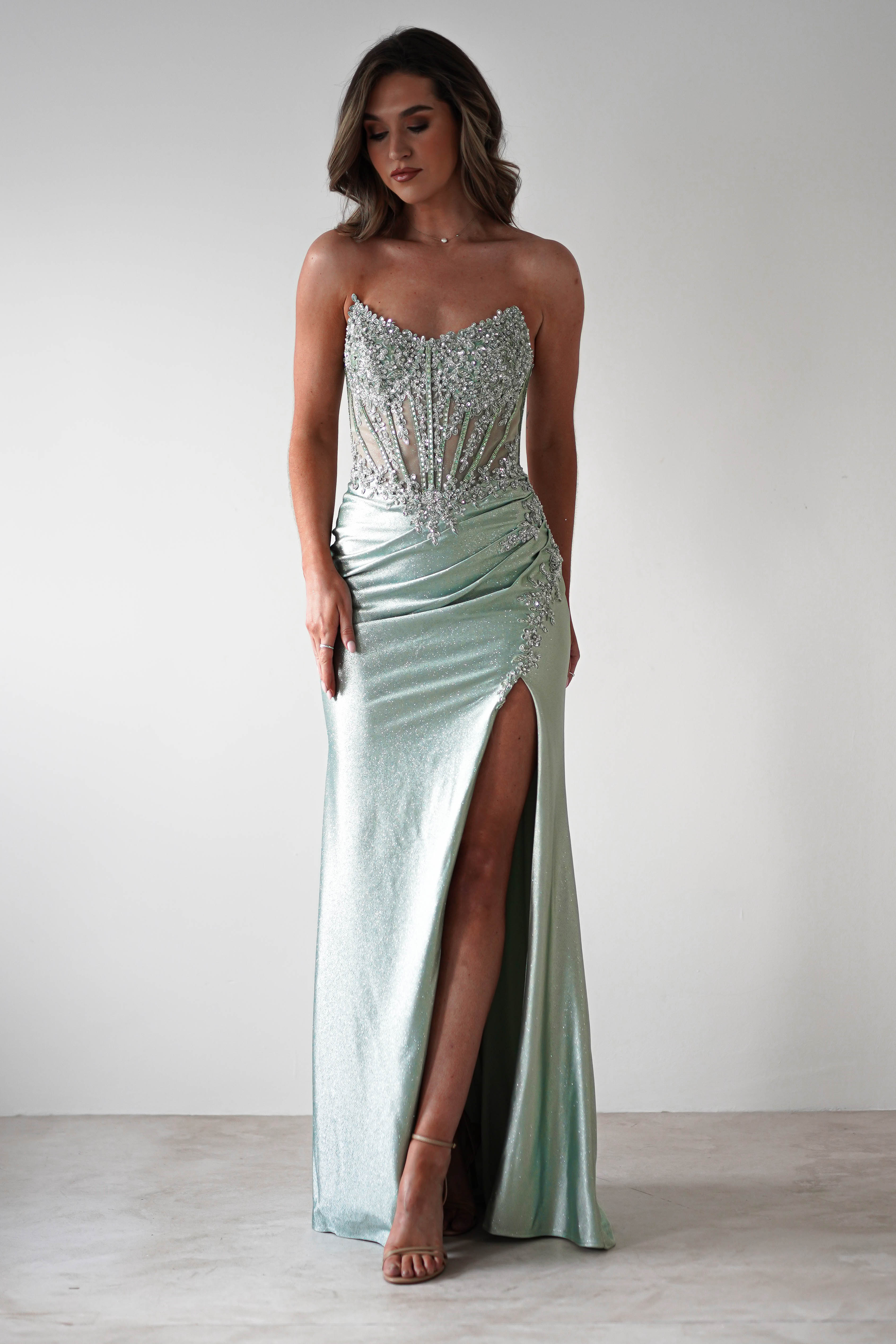 Caspian Embellished Bodycon Gown | Light Green | Oh Hello Clothing | XS (6)