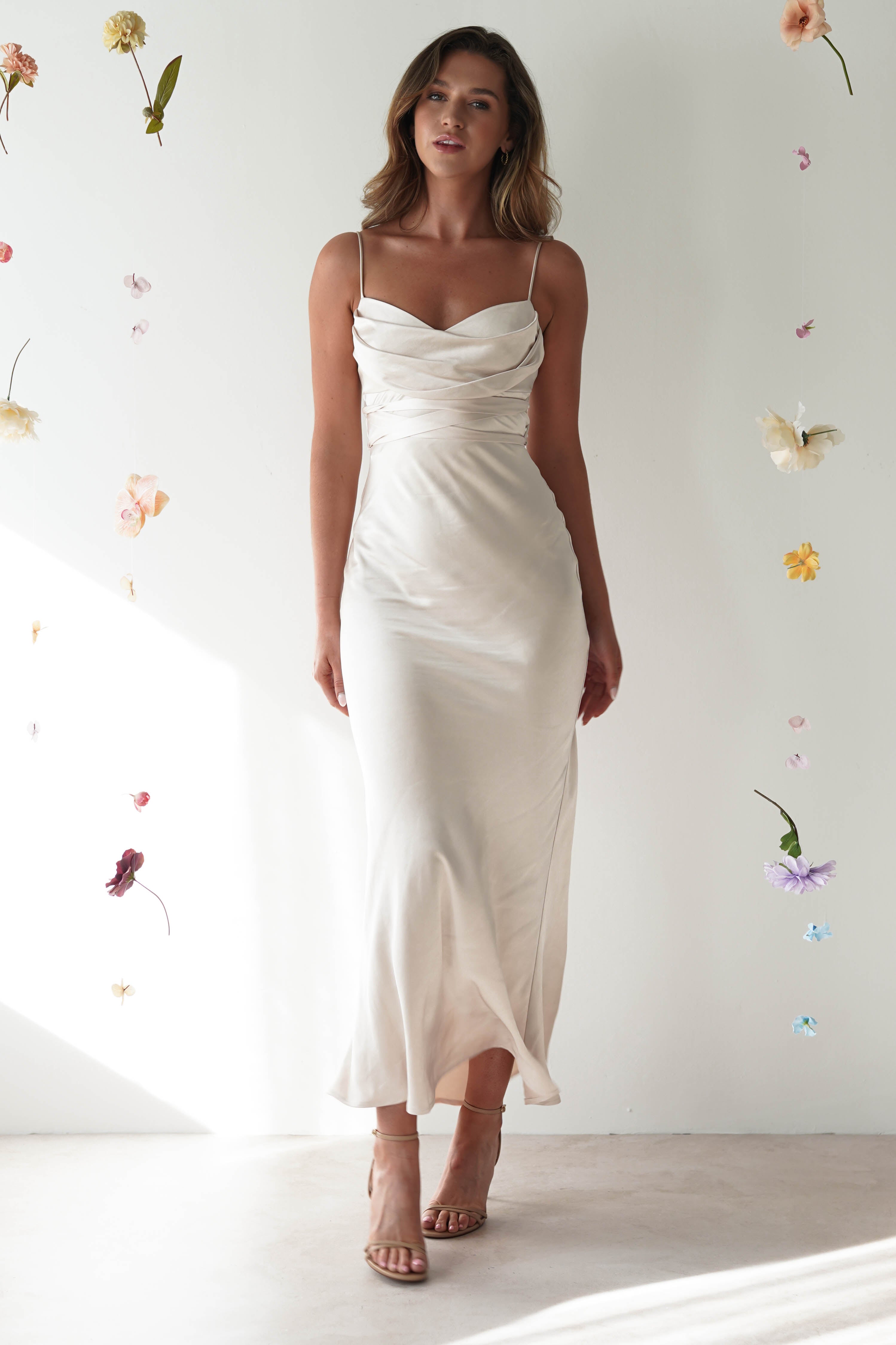 Everleigh Soft Satin Midi Dress | Champagne - Oh Hello Clothing