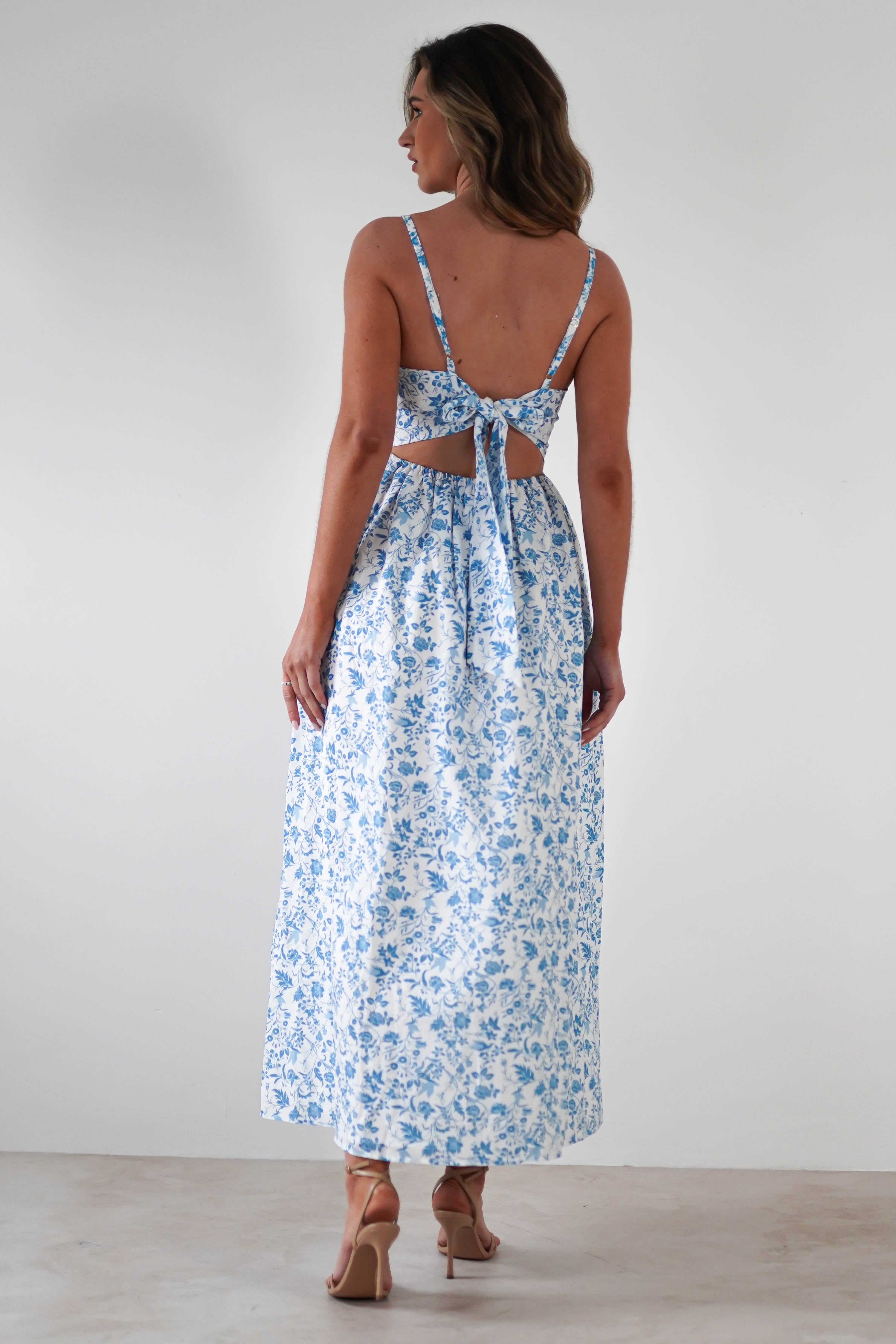 Carolyn Floral Print Maxi Dress | Blue/White | Oh Hello Clothing | XS (6)