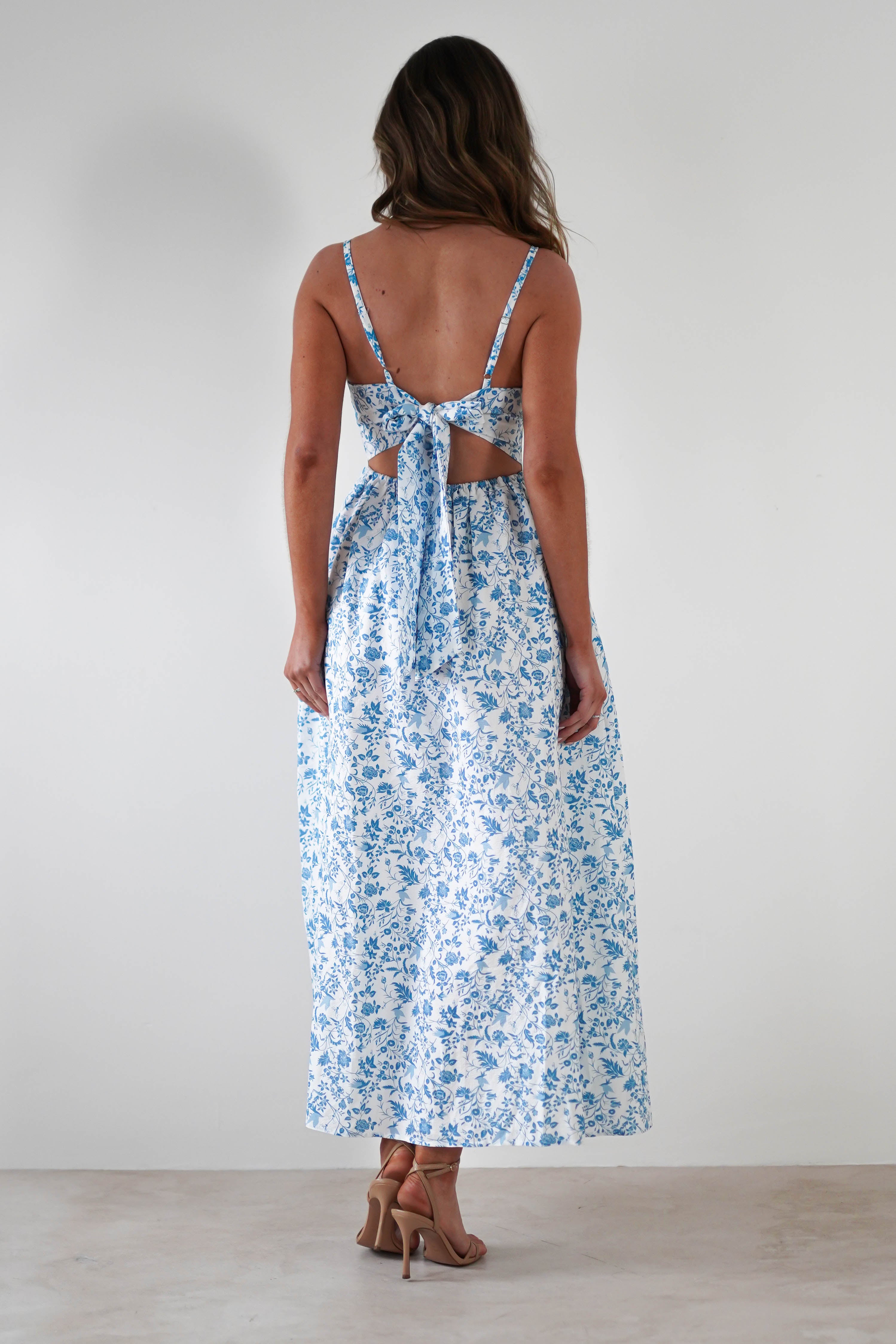 Carolyn Floral Print Maxi Dress | Blue/White | Oh Hello Clothing | XS (6)