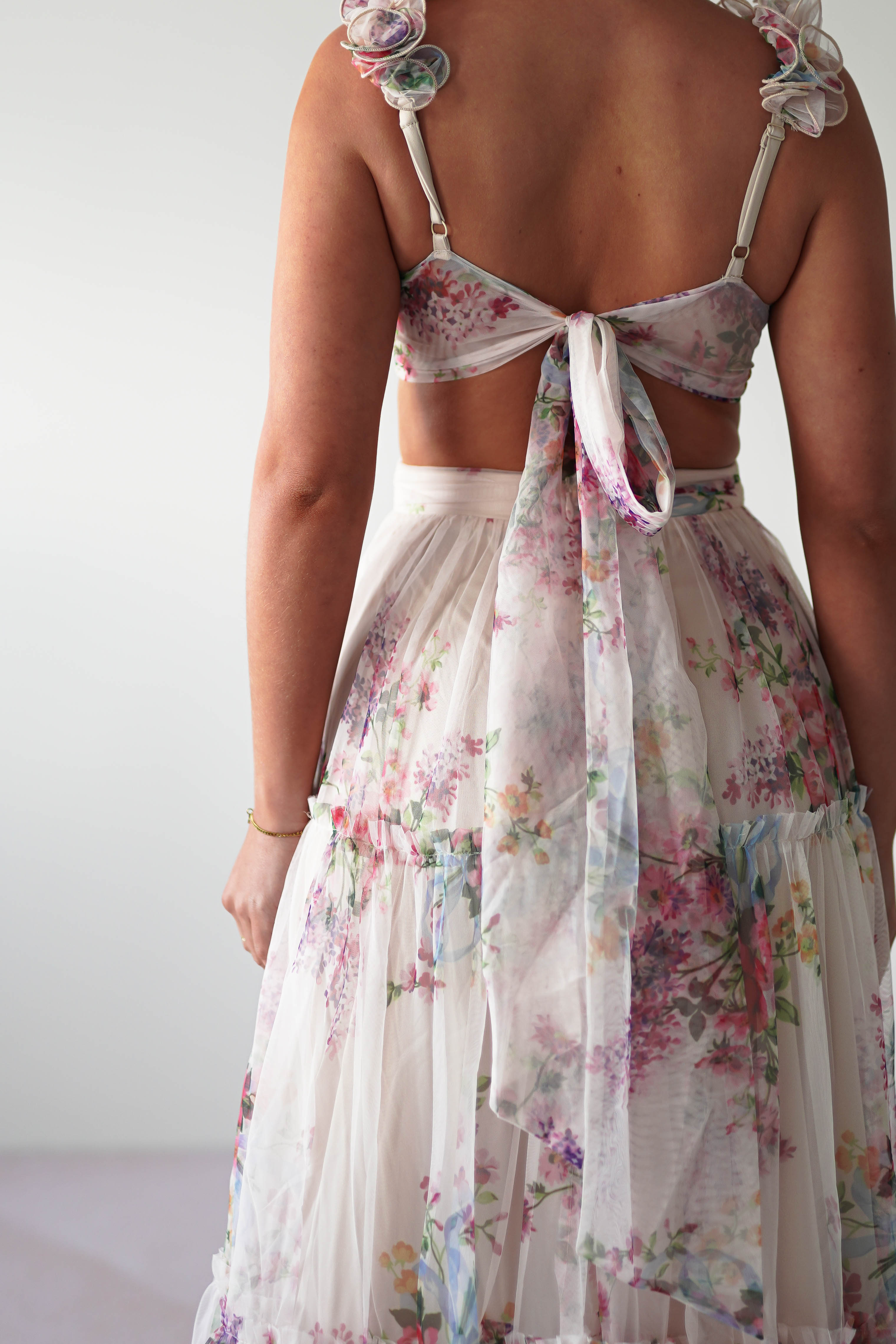 Alma Floral Print Tulle Maxi Dress | Cream