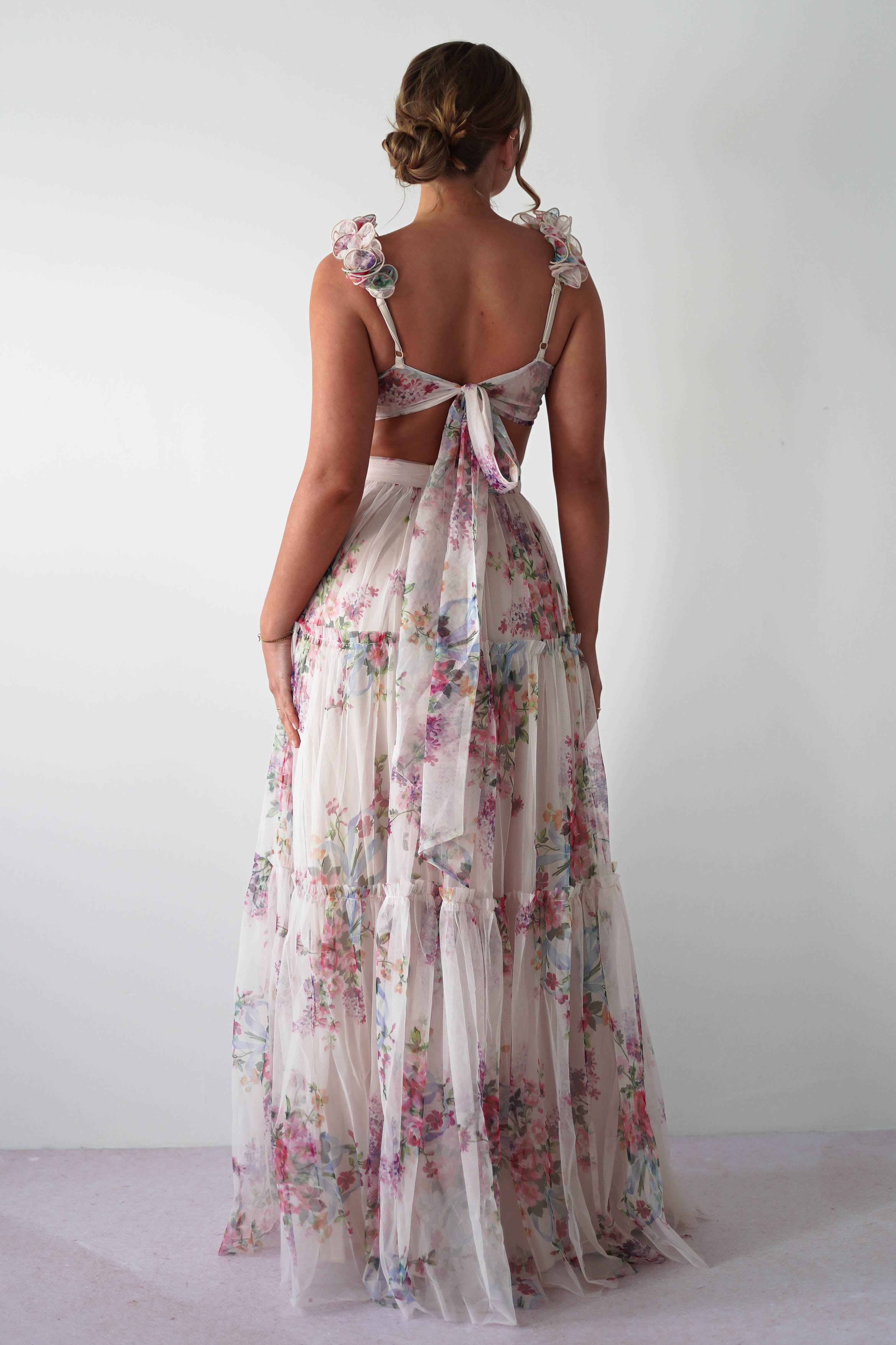 Alma Floral Print Tulle Maxi Dress | Cream