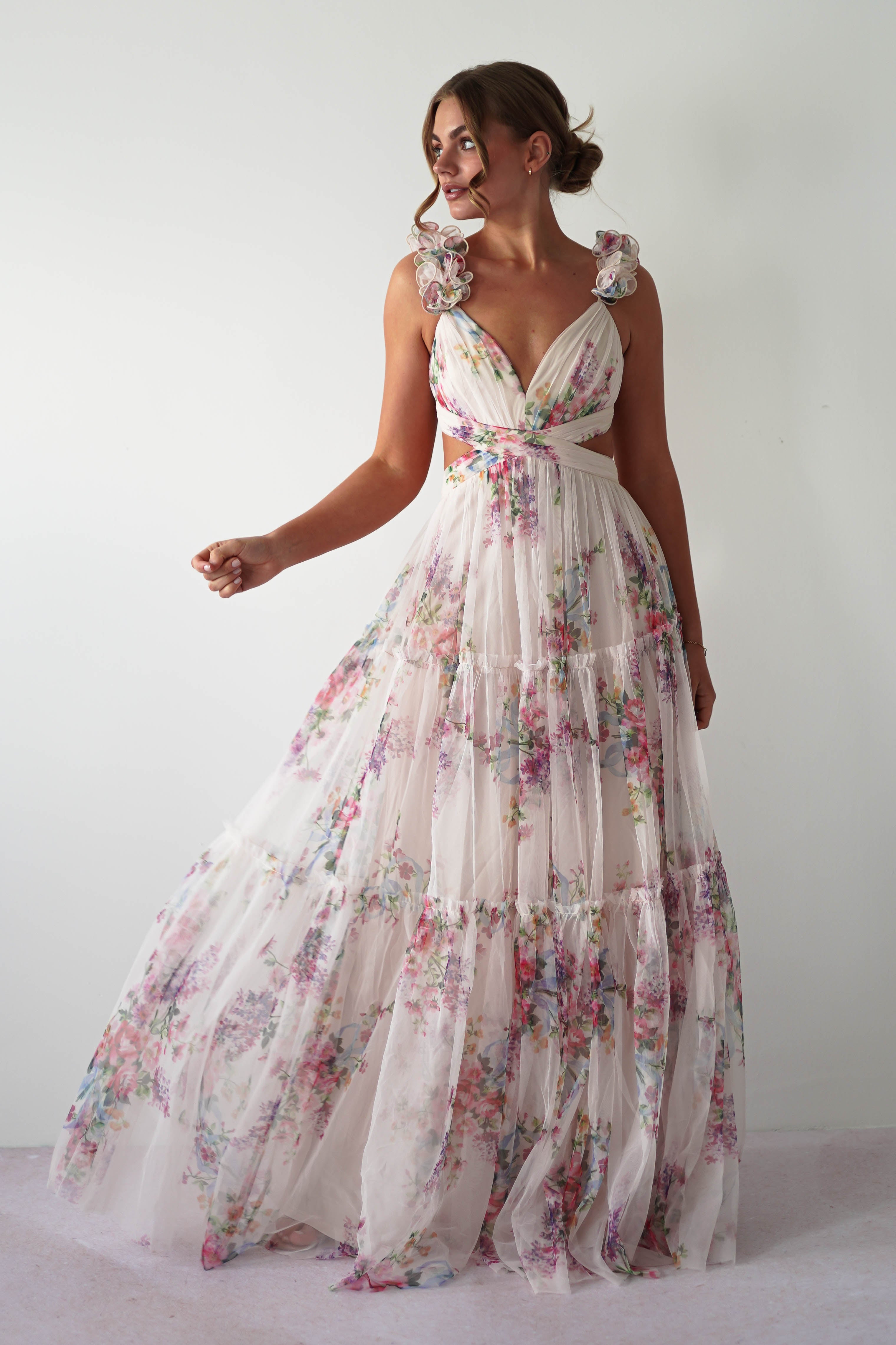 Alma Floral Print Tulle Maxi Dress | Cream