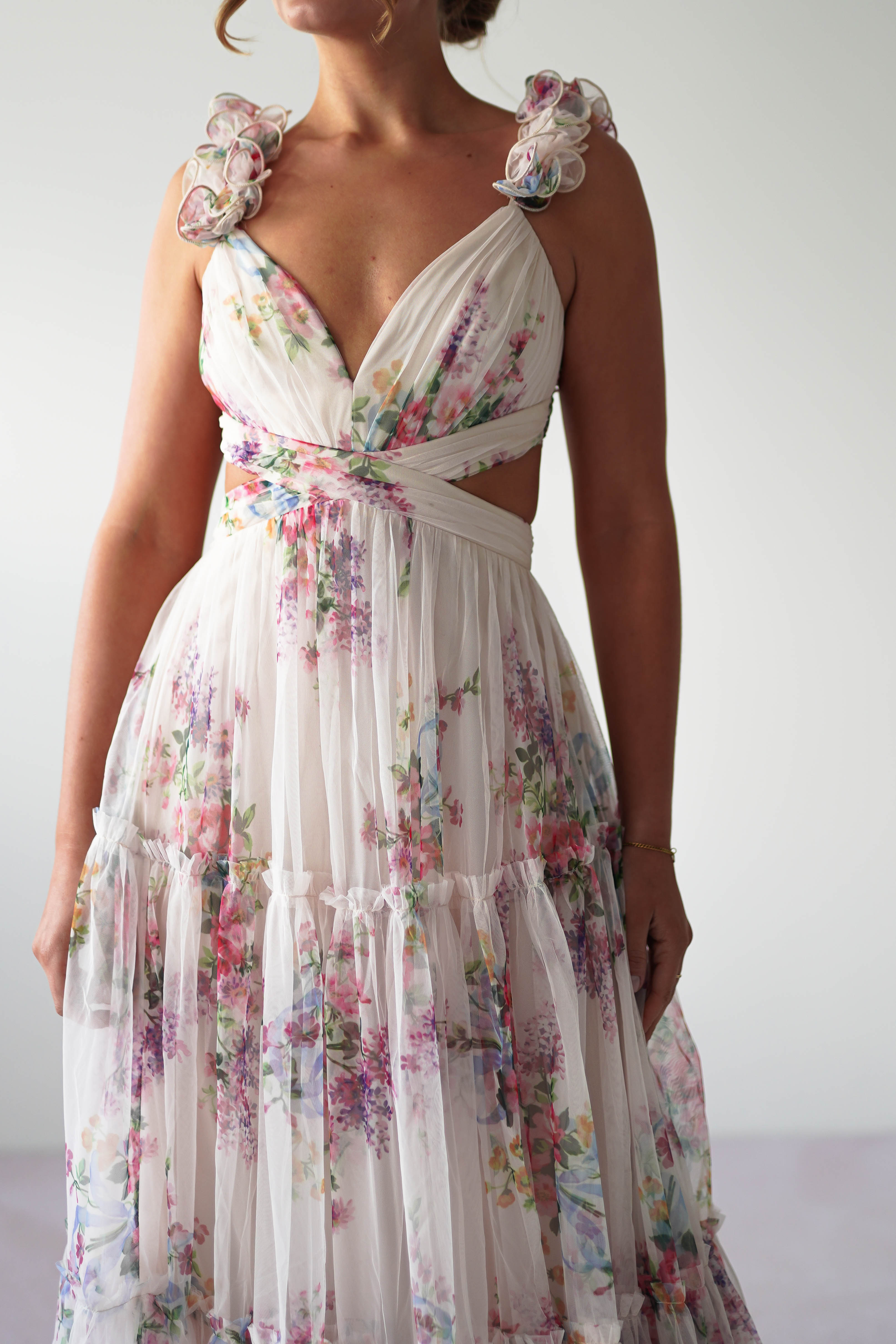 Alma Floral Print Tulle Maxi Dress | Cream
