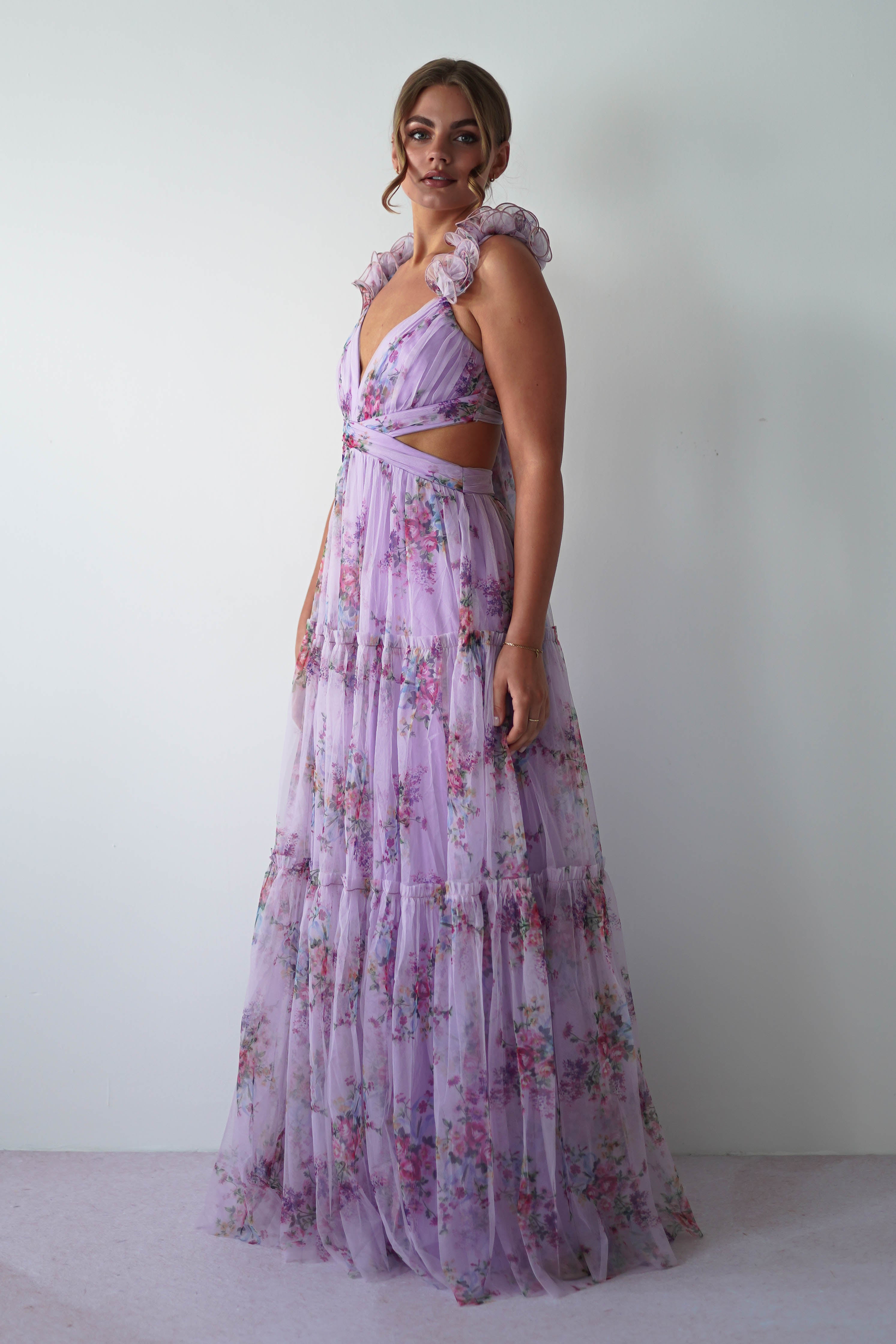 Alma Floral Print Tulle Maxi Dress | Lilac