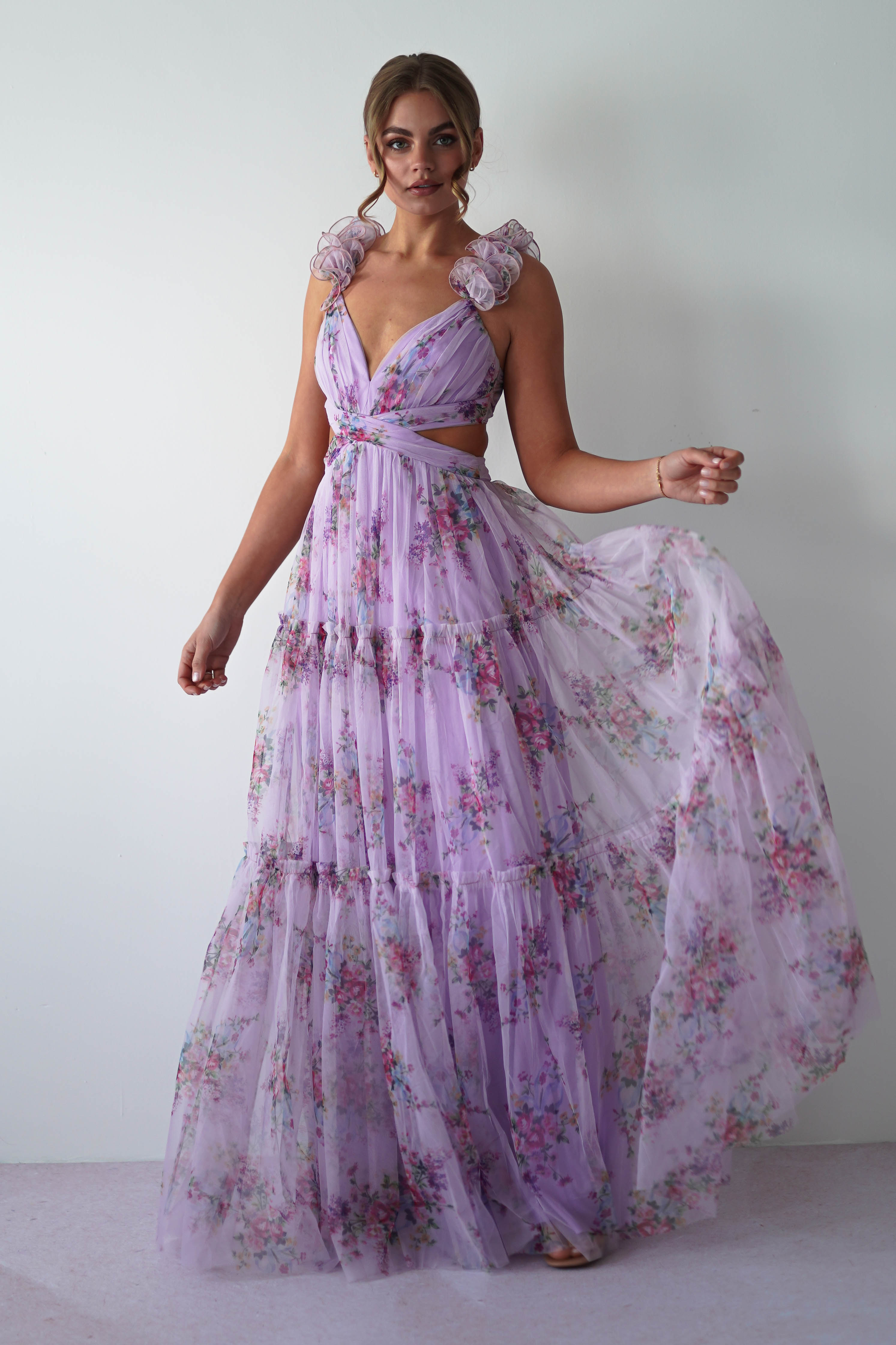Alma Floral Print Tulle Maxi Dress | Lilac