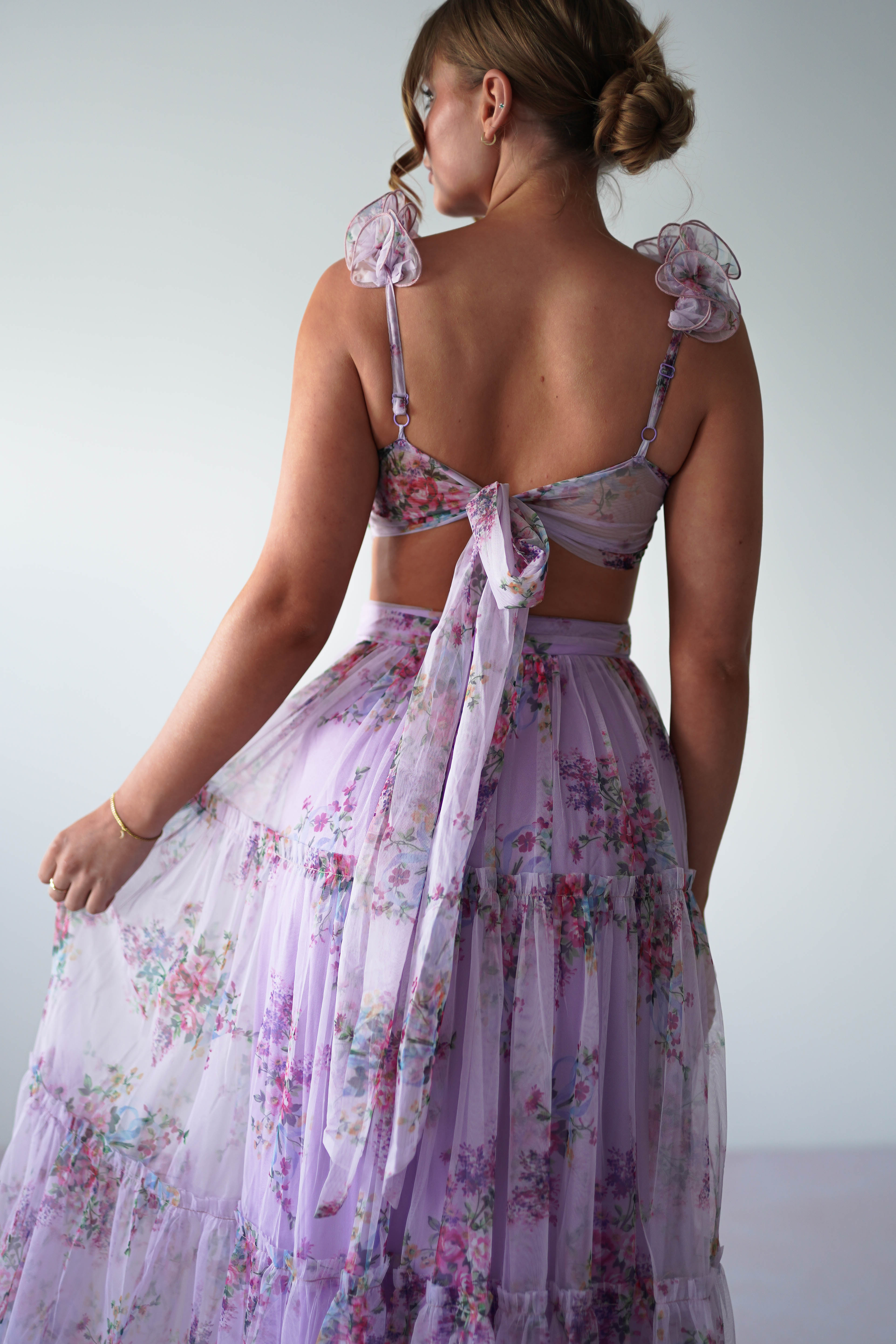 Alma Floral Print Tulle Maxi Dress | Lilac