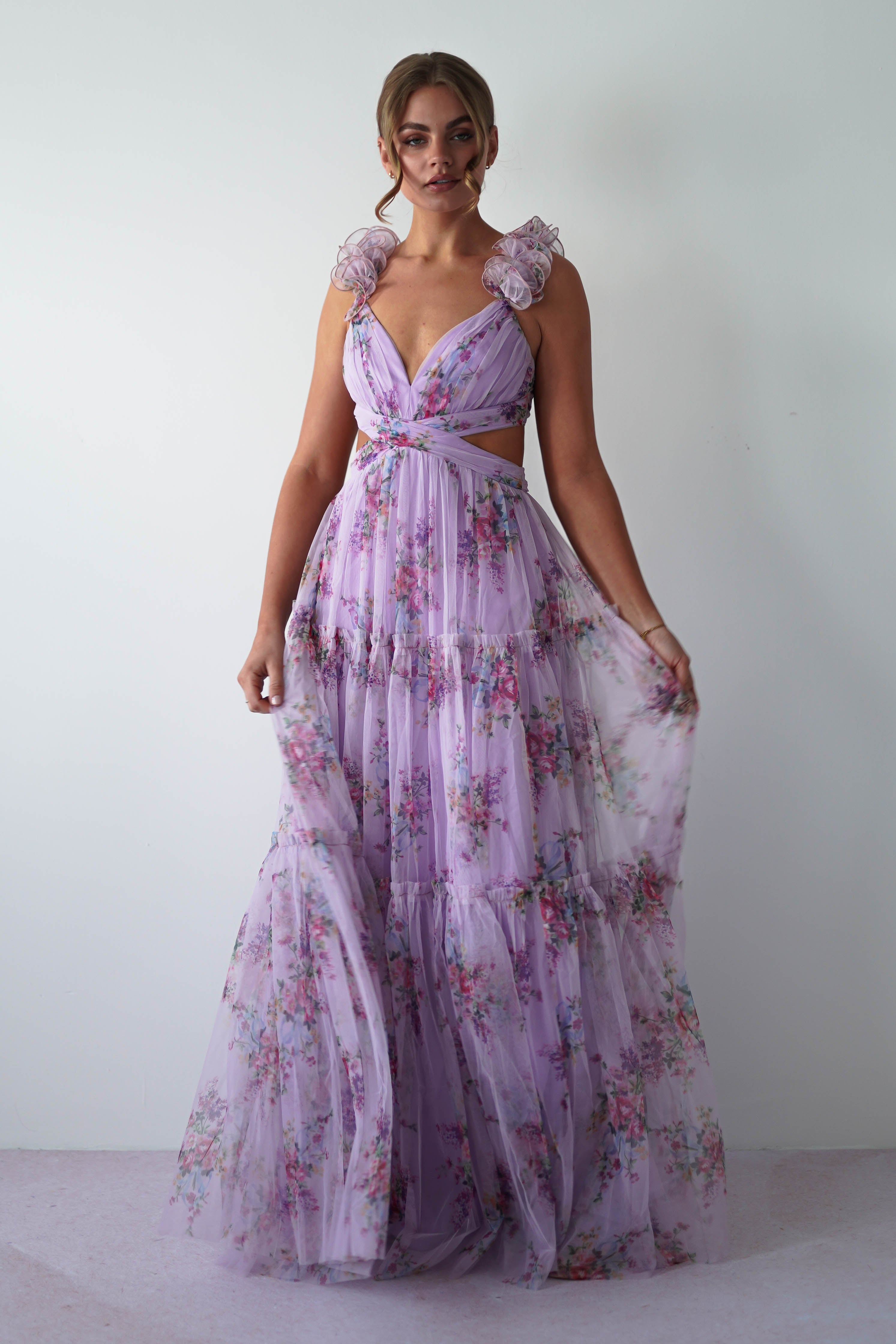 Alma Floral Print Tulle Maxi Dress | Lilac