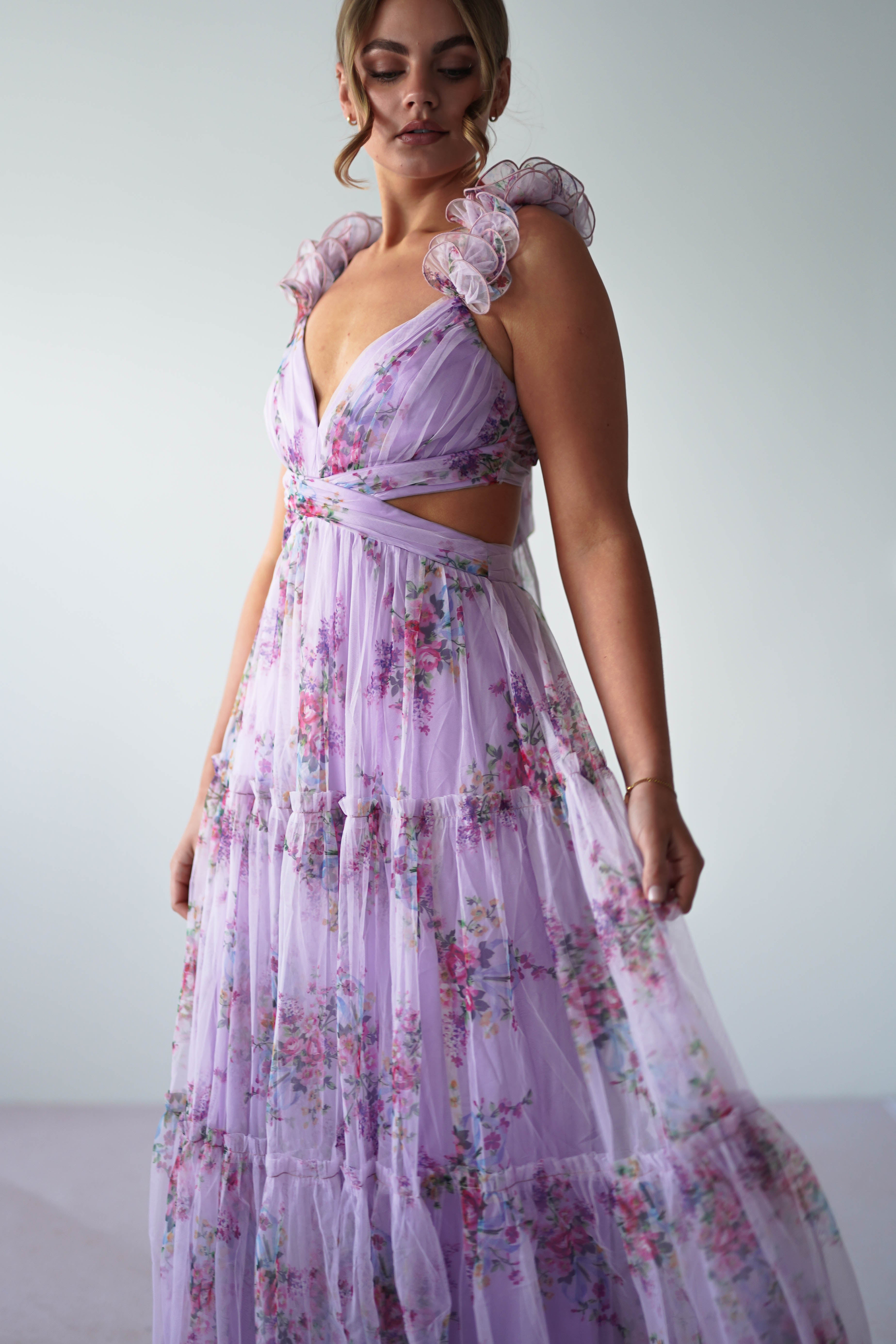 Alma Floral Print Tulle Maxi Dress | Lilac