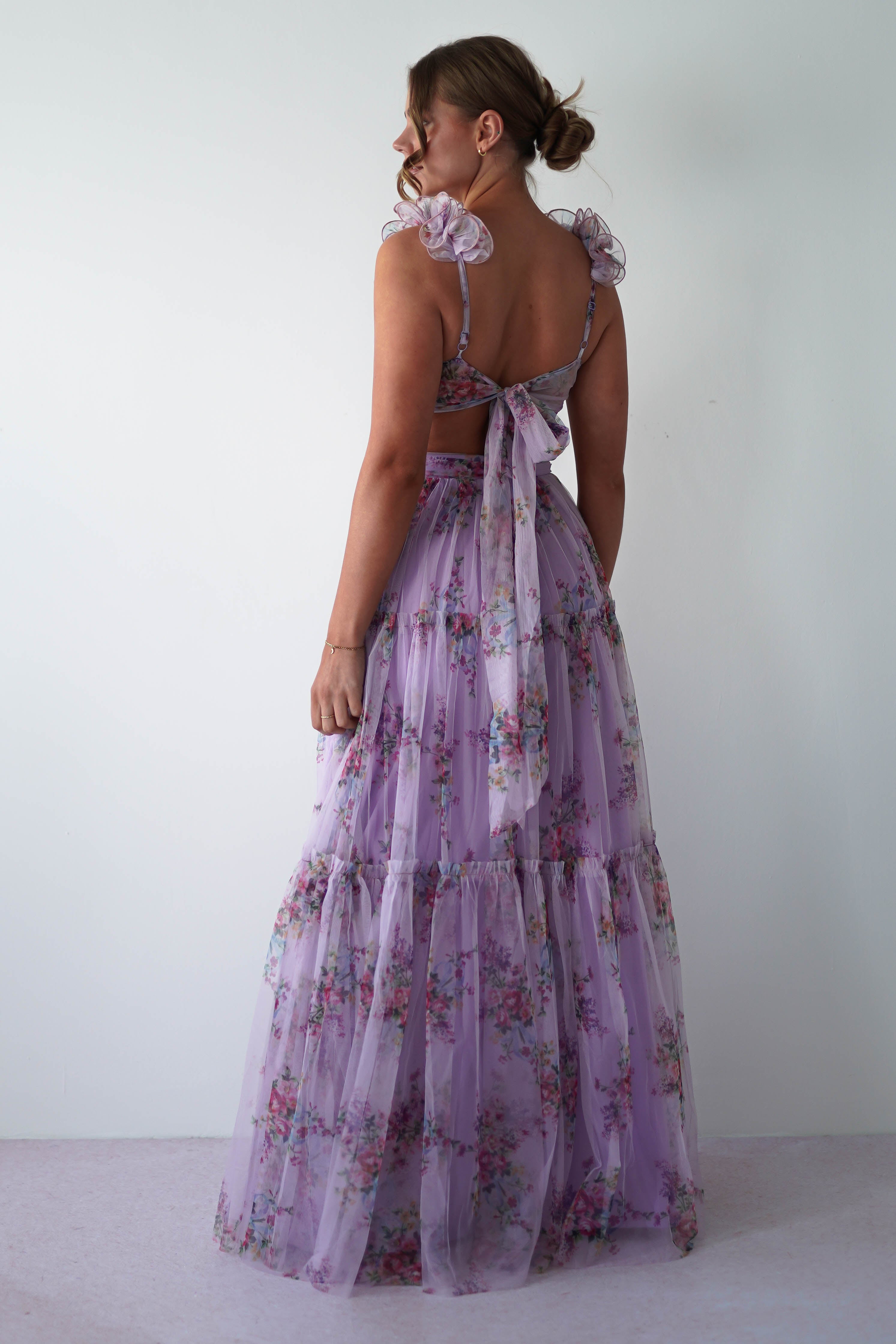 Alma Floral Print Tulle Maxi Dress | Lilac