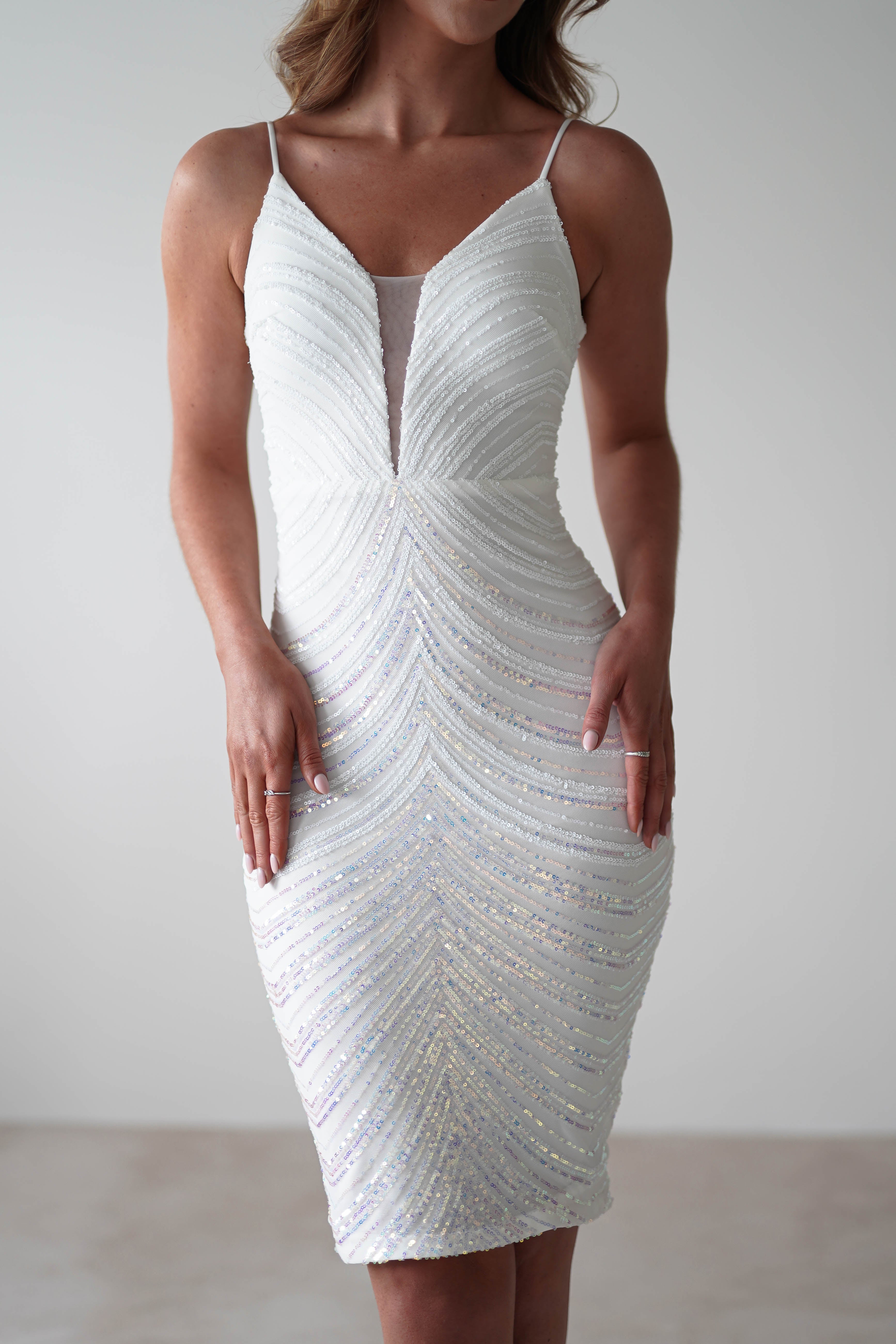 Palmira Sequin Midi Dress | White Iridescent - Oh Hello Clothing
