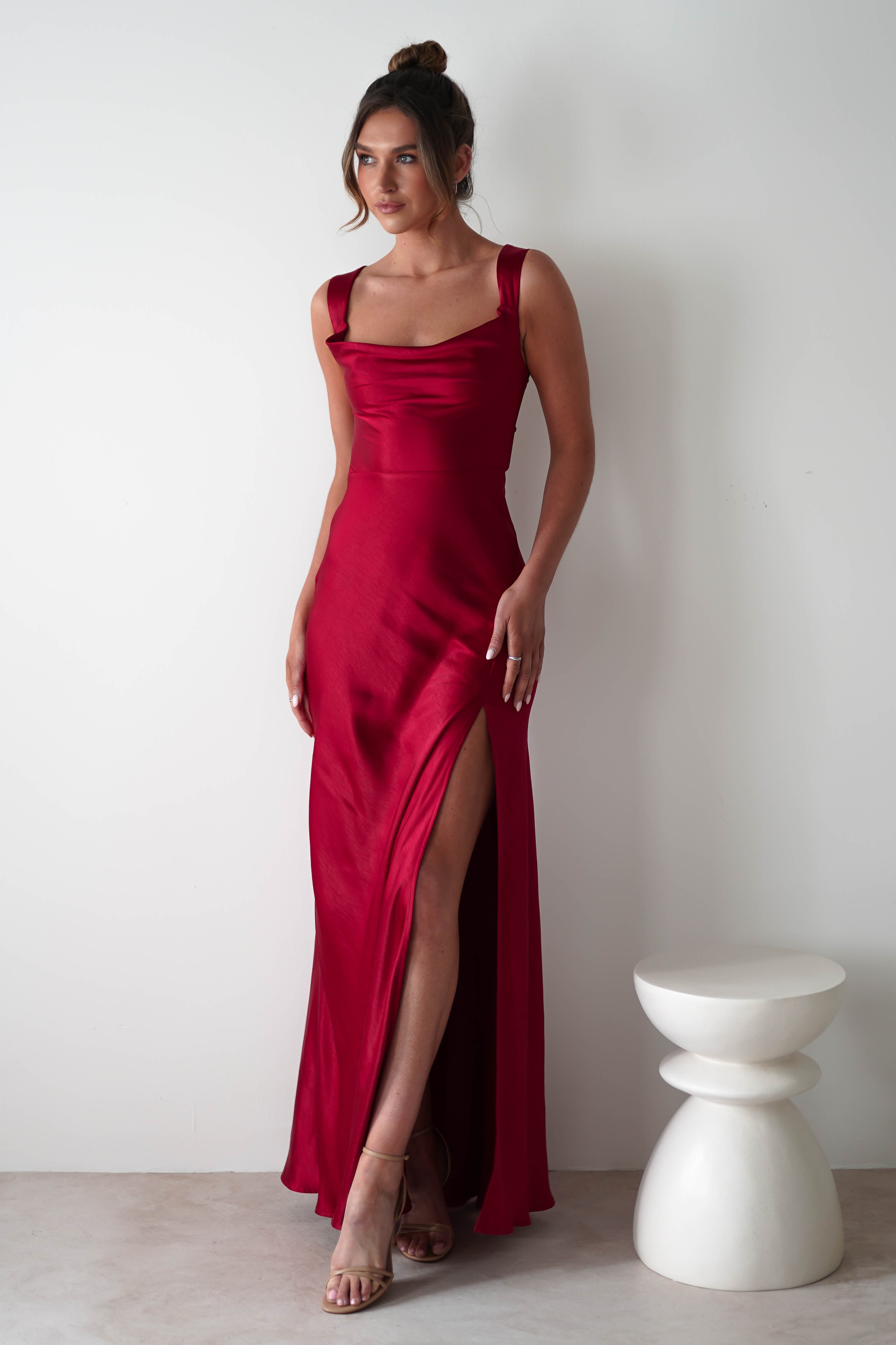 Riviera Soft Satin Maxi Gown | Berry Red - Oh Hello Clothing
