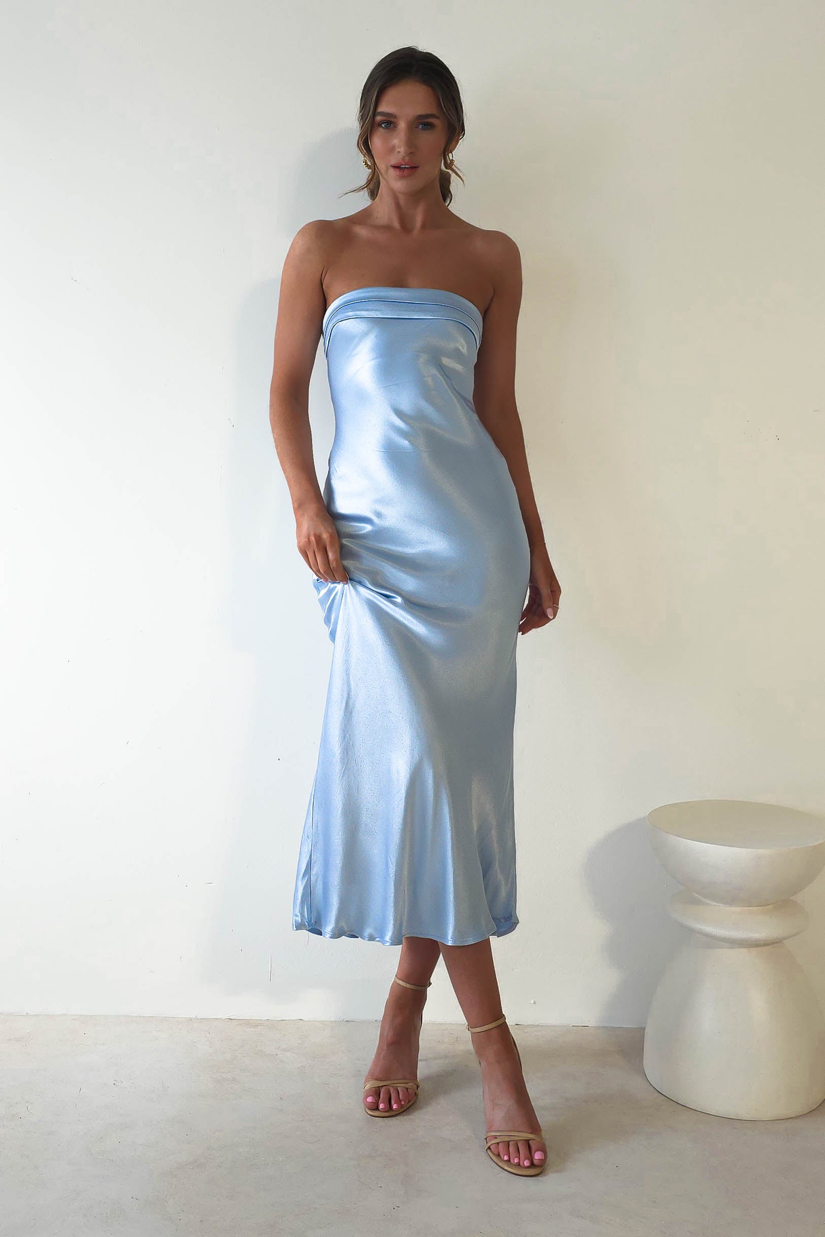 Lucia Soft Satin Slip Midi Dress Blue - Oh Hello Clothing