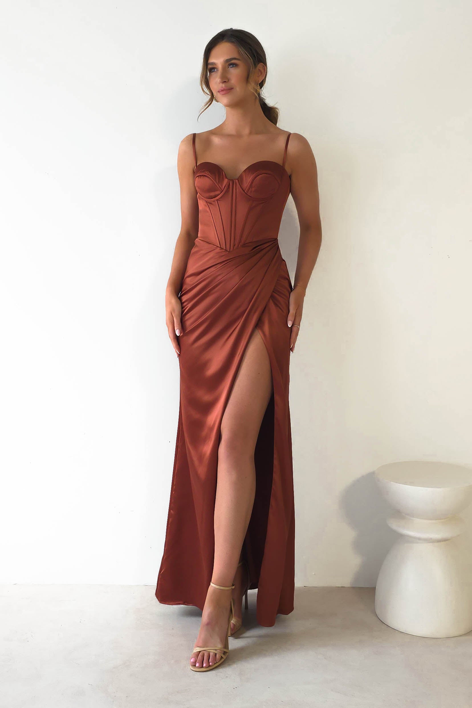 Maja Satin Corset Gown | Rust - Oh Hello Clothing