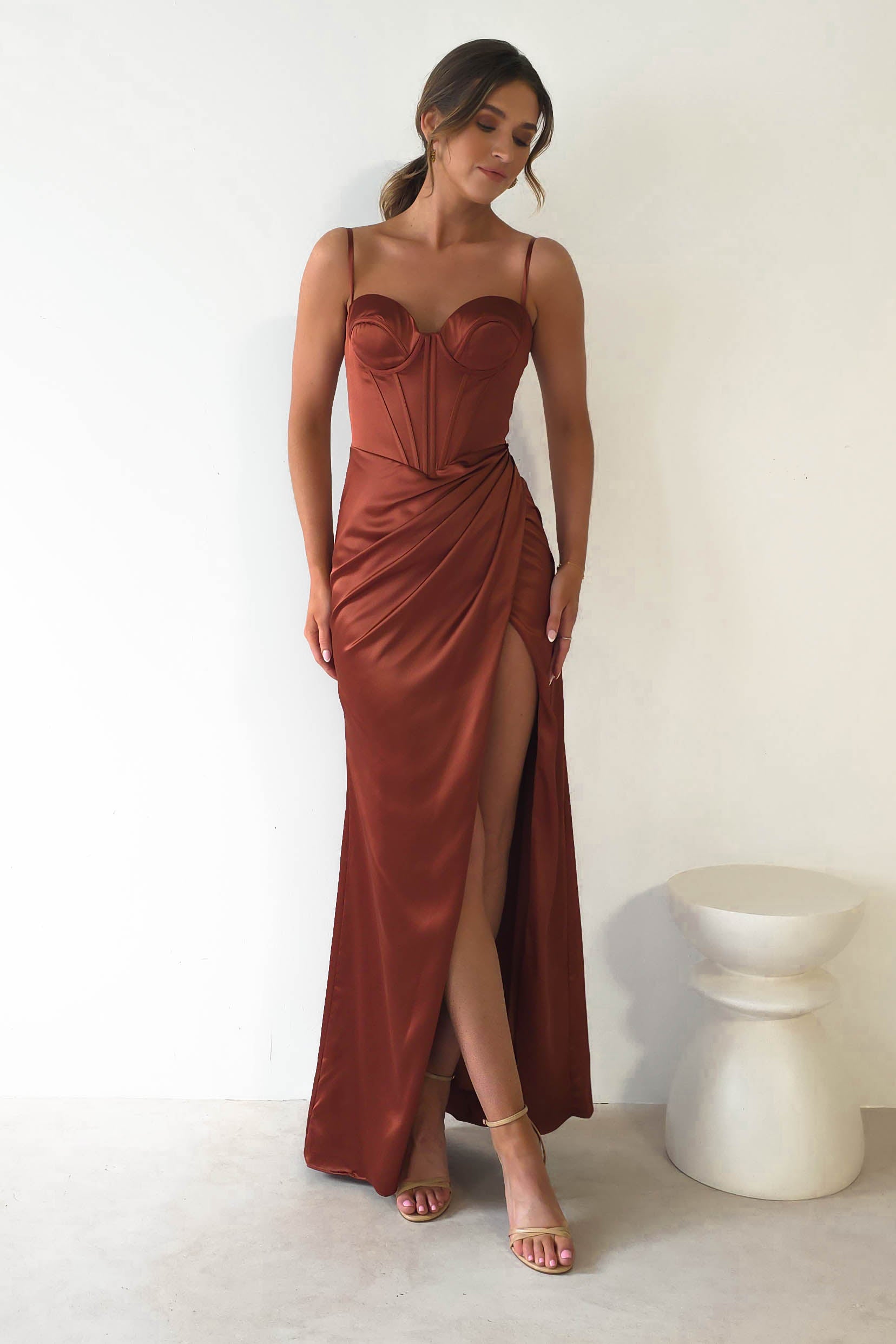Maja Satin Corset Gown | Rust - Oh Hello Clothing