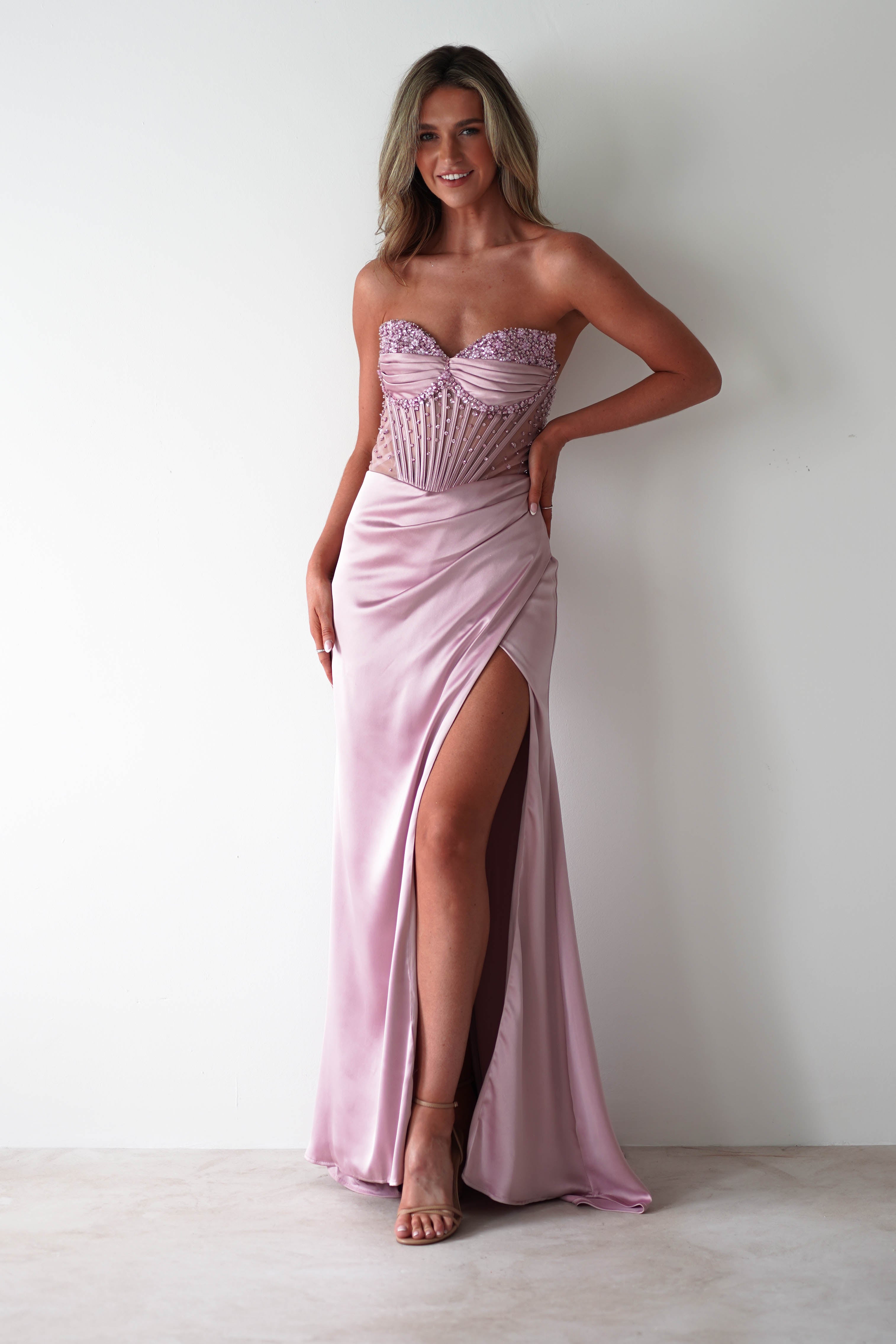 Theodora Strapless Embellished Gown | Mauve - Oh Hello Clothing