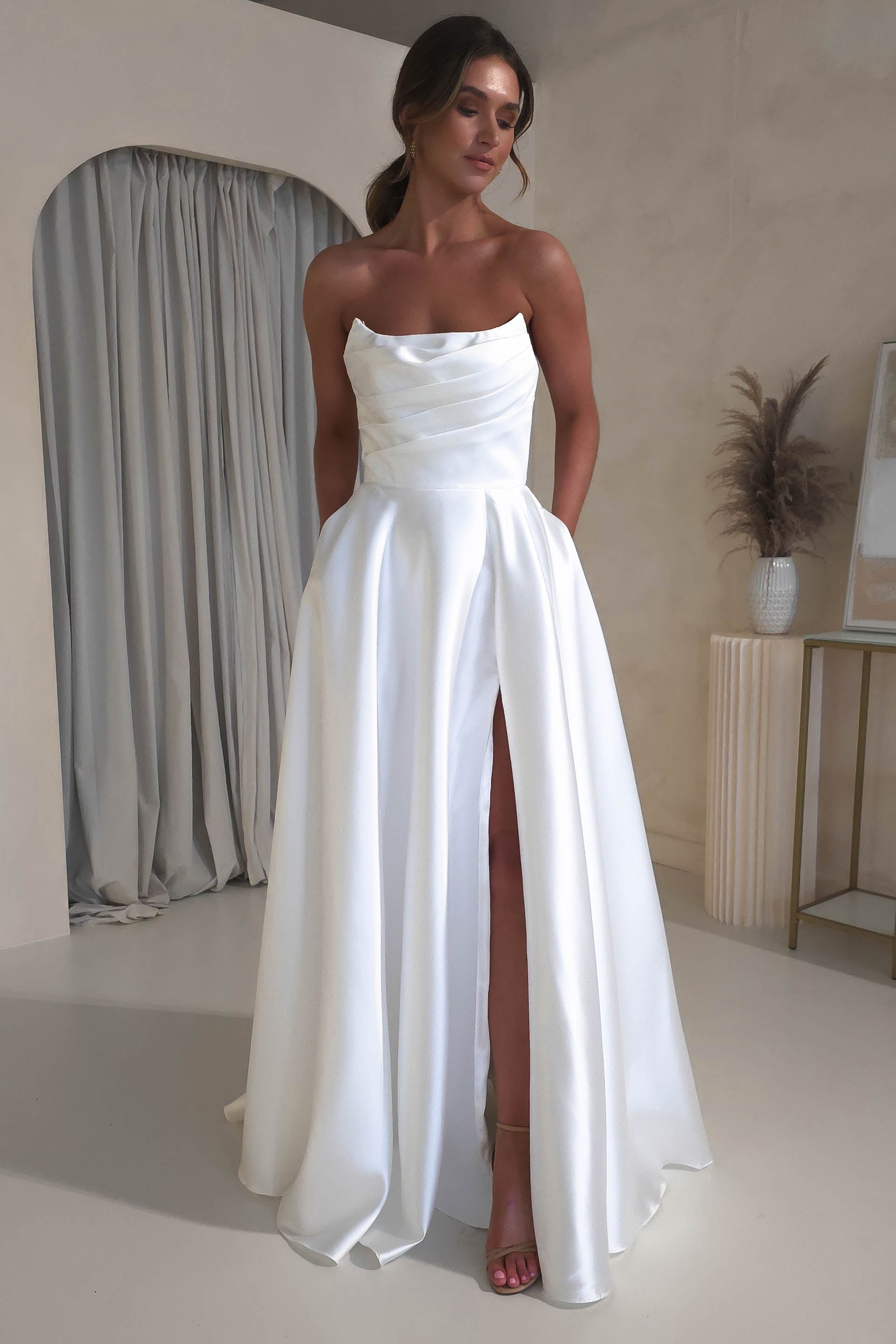 Miya Corset A-Line Satin Gown | White