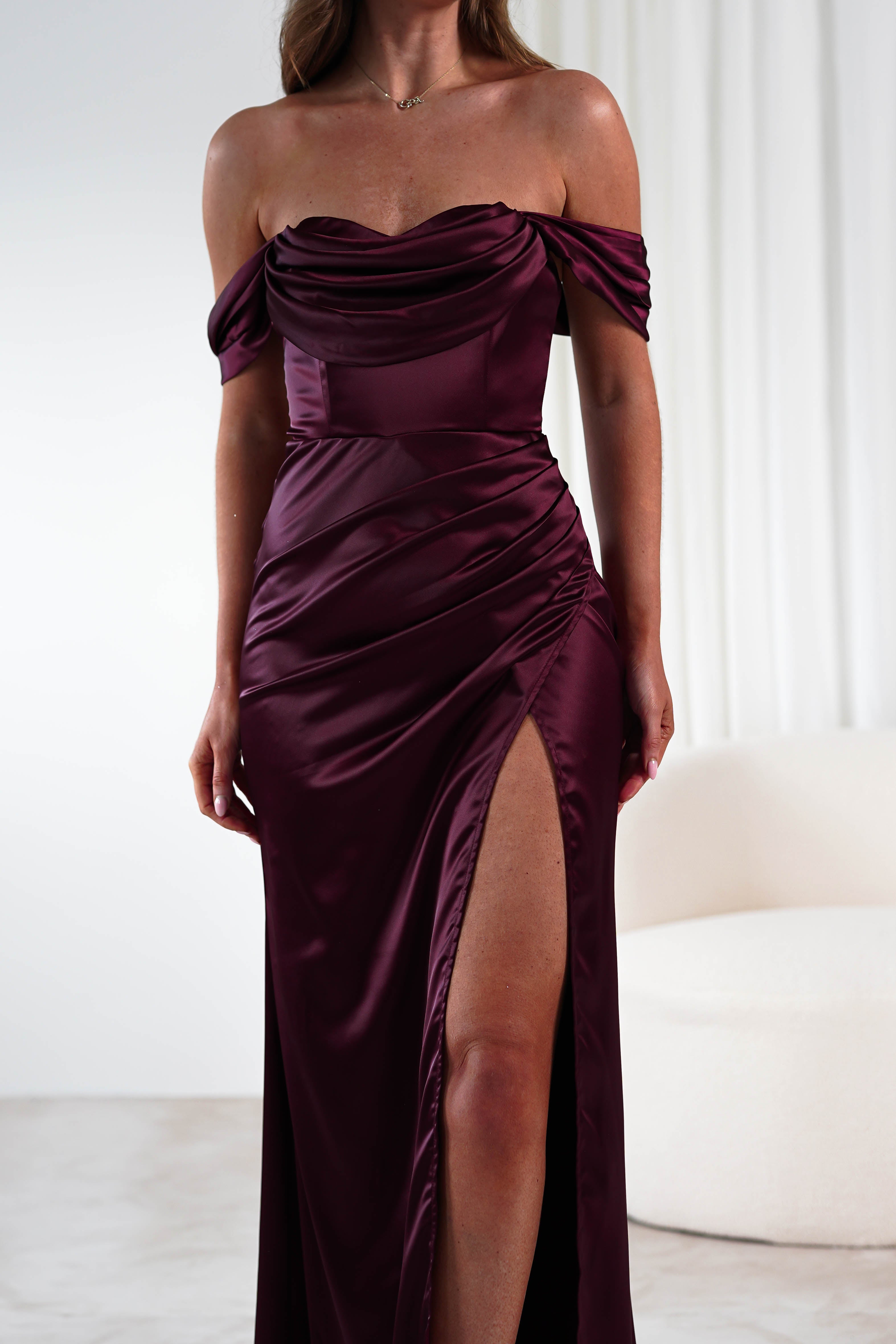 Monica Off The Shoulder Gown | Wine | Oh Hello Clothing | XS (6)