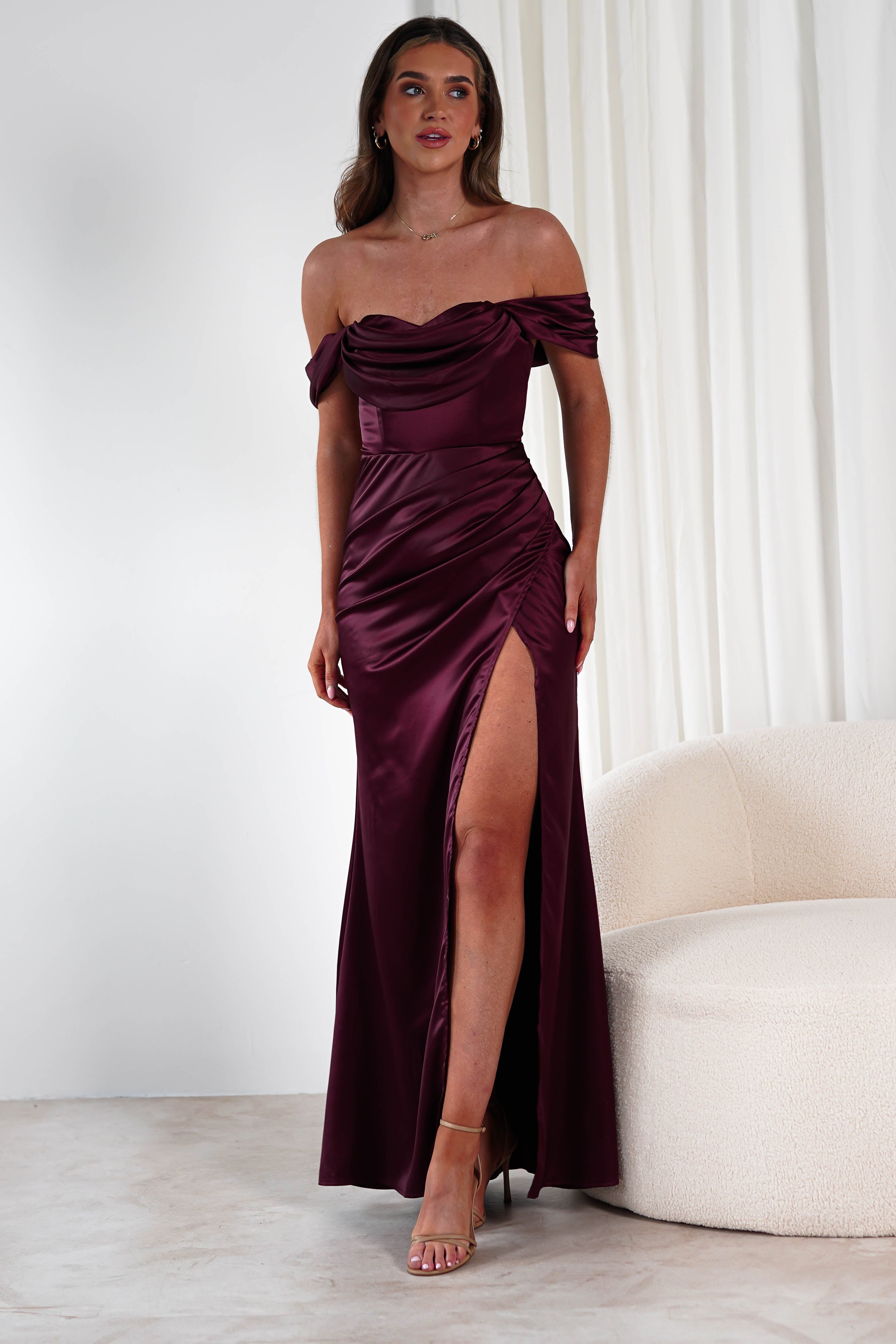 Monica Off The Shoulder Gown | Wine | Oh Hello Clothing | XS (6)
