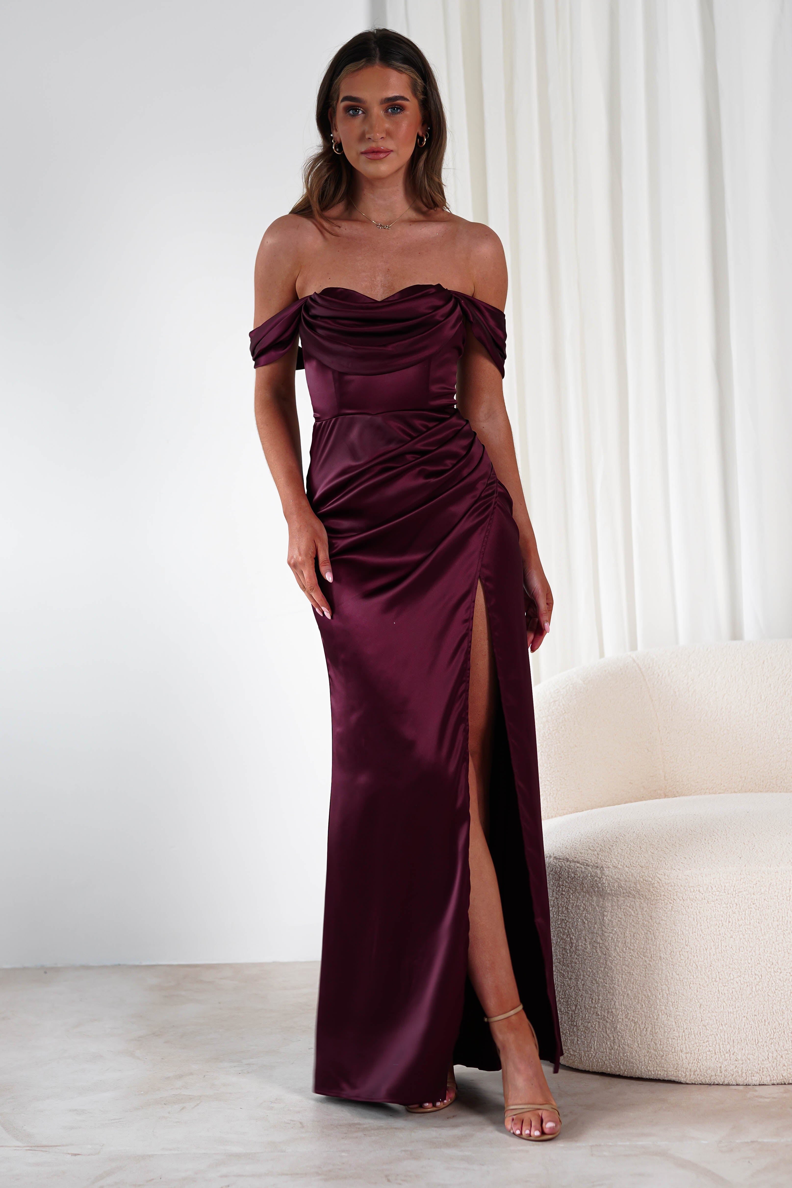 Monica Off The Shoulder Gown | Wine | Oh Hello Clothing | XS (6)