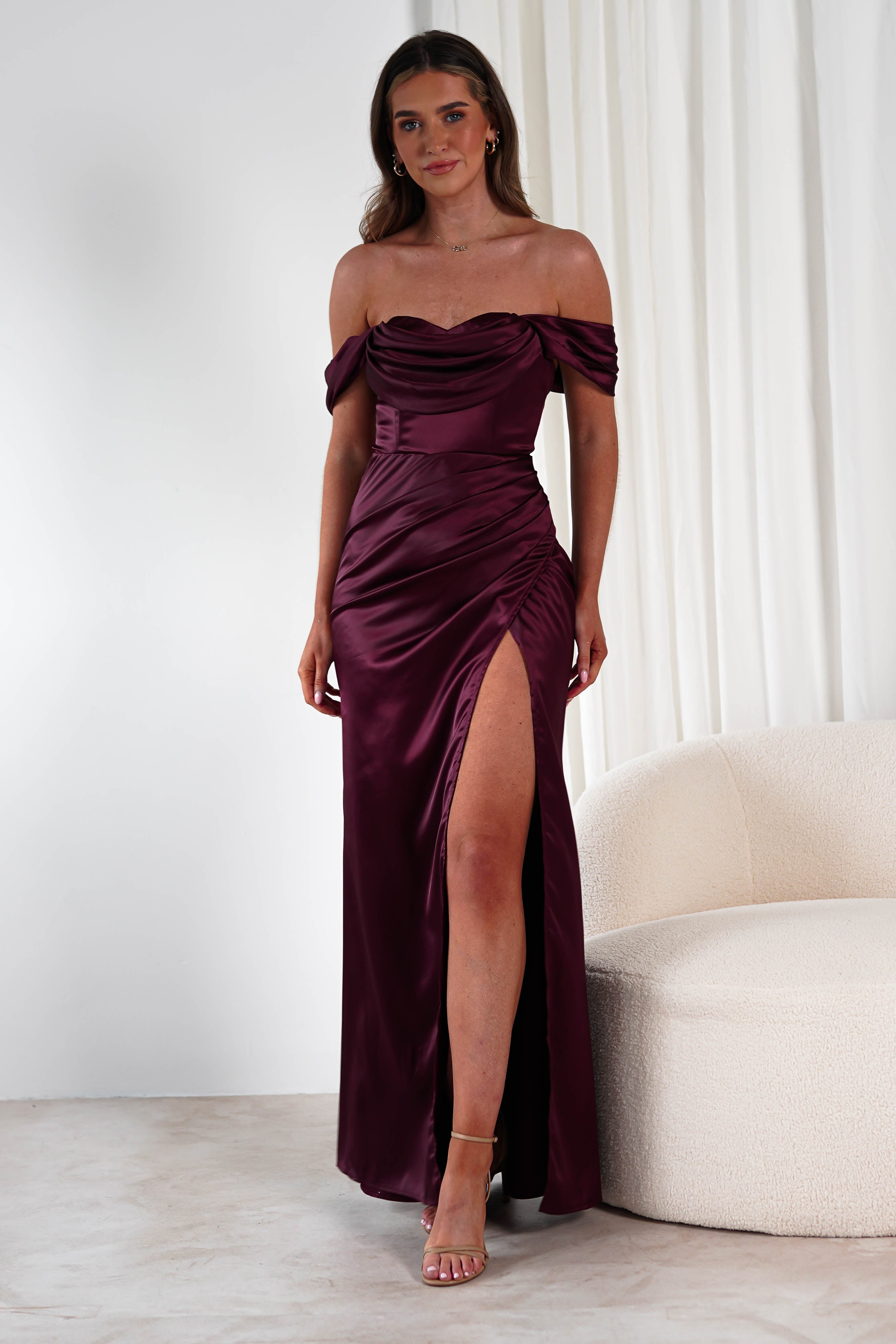 Monica Off The Shoulder Gown | Wine | Oh Hello Clothing | XS (6)