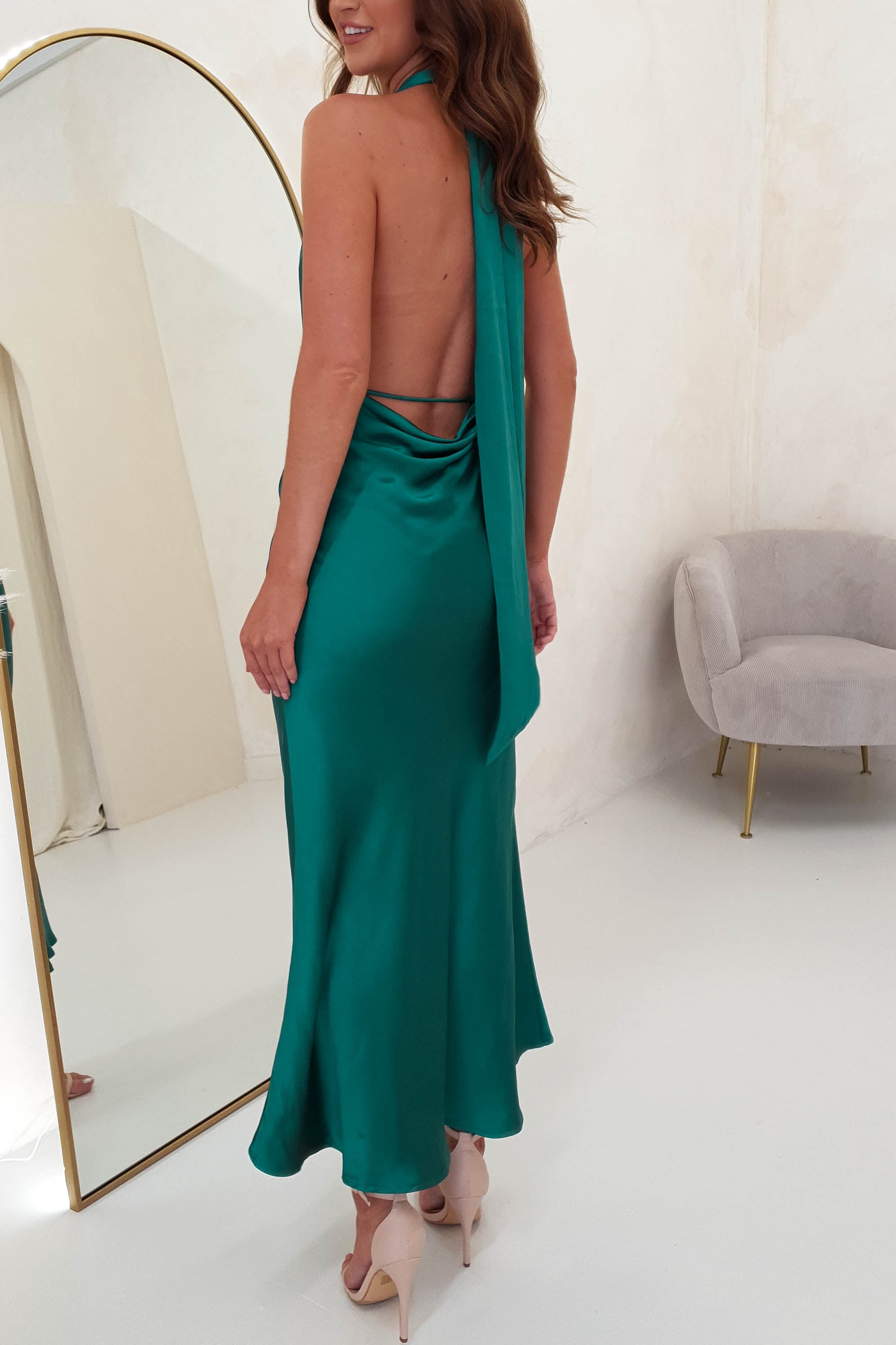 Kaylah Satin Halter Neck Maxi Dress | Green